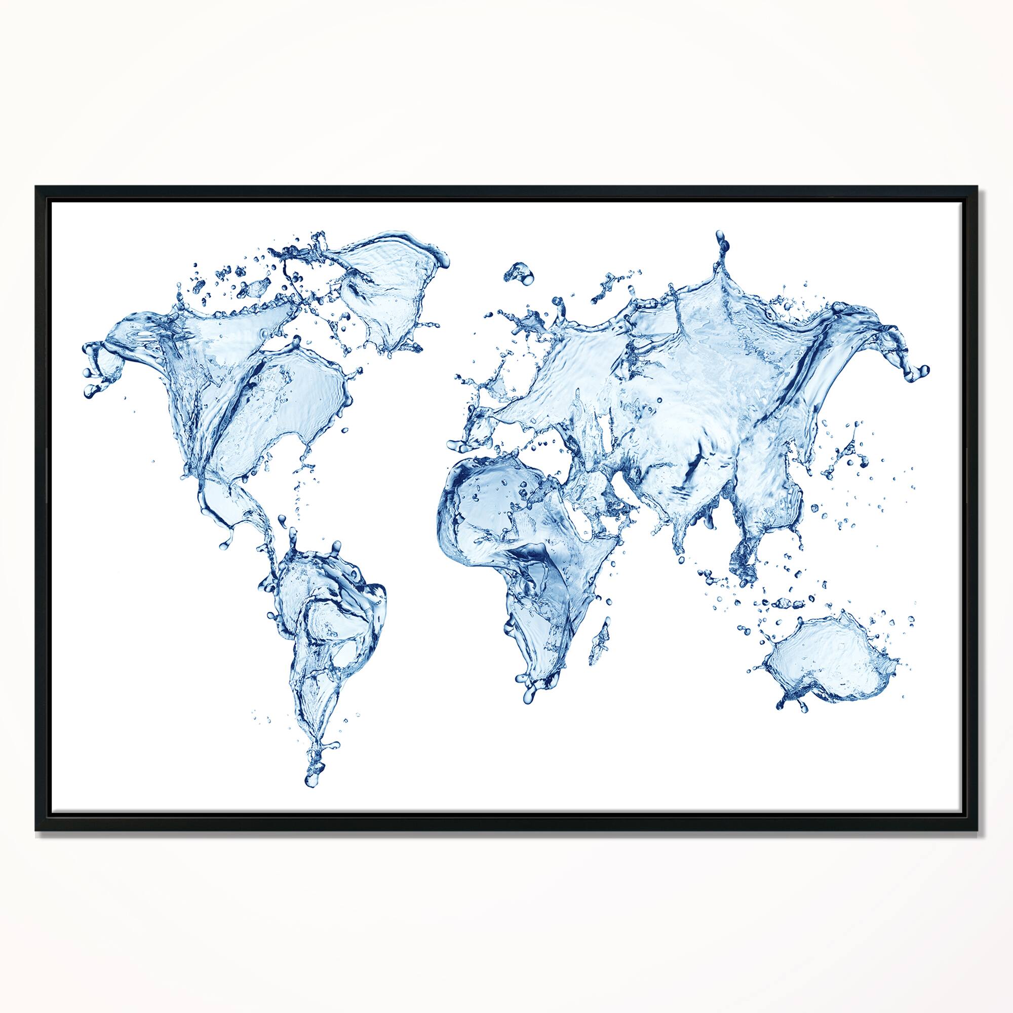 Designart - World Map Water Splash - Abstract Map Framed Canvas Art Print