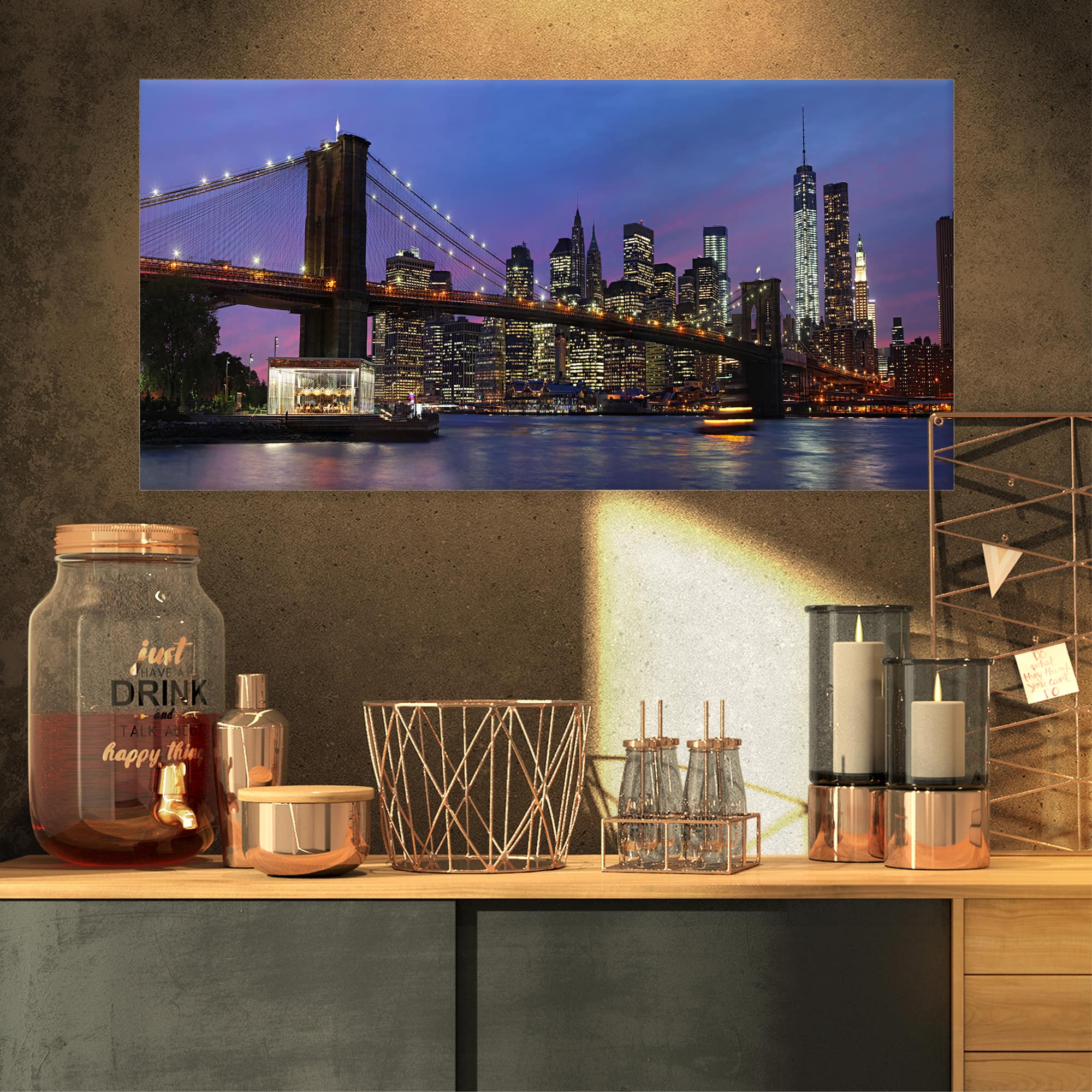 Designart - Brooklyn Bridge and Manhattan at sunset - Extra Large Canvas Art Print