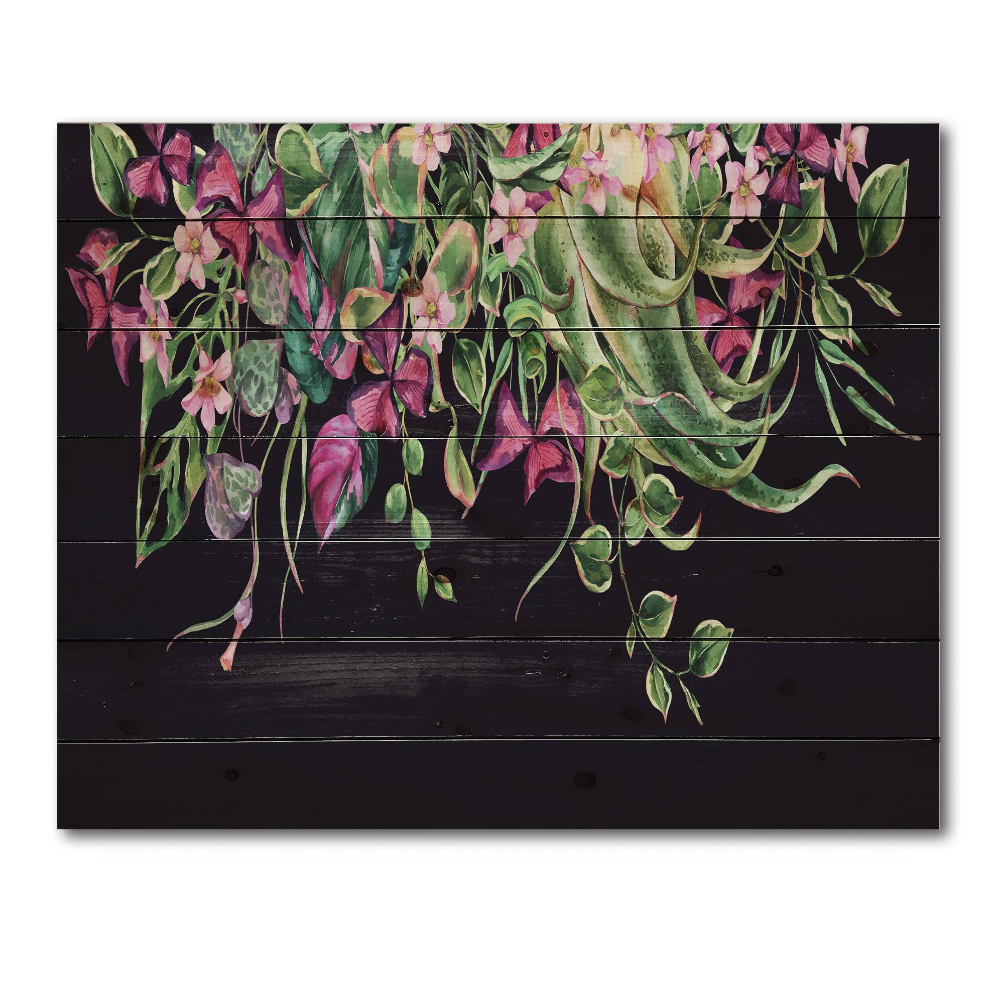 Designart - Floral Tropical Leaves Om Black - Farmhouse Print on Natural Pine Wood