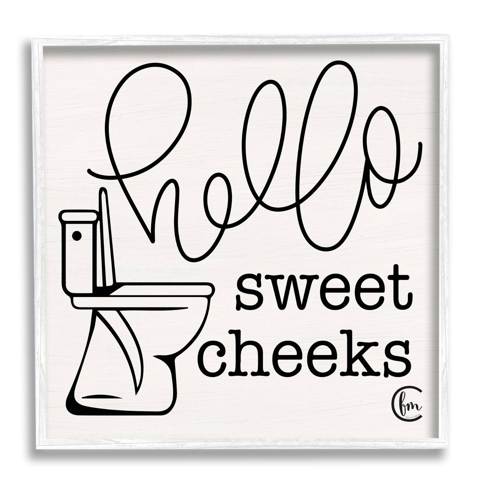 Stupell Industries Toilet Hello Sweet Cheeks Black and White Curly Script Cursive Typography Framed Wall Art