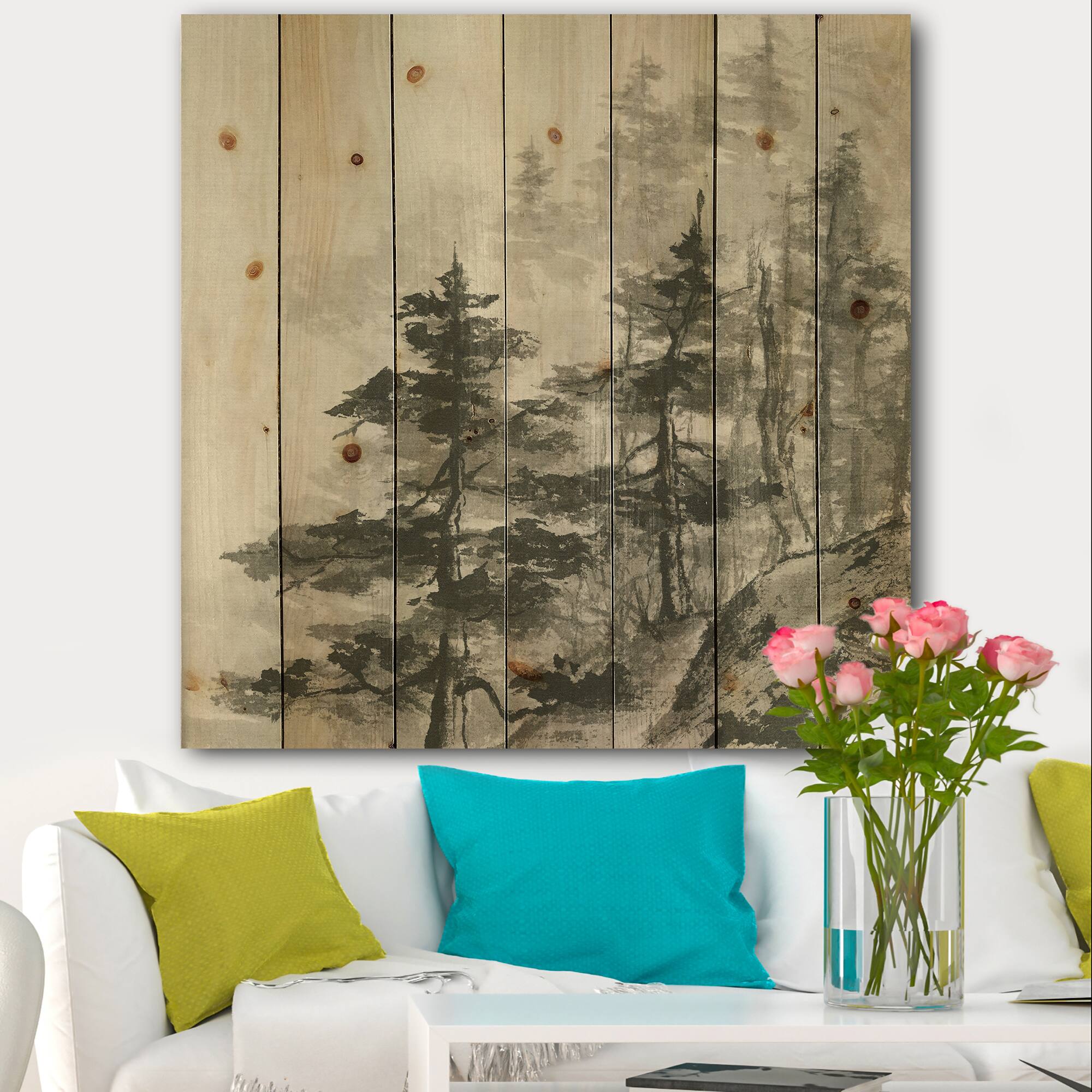 Designart - Asian Forest - Cabin &#x26; Lodge Print on Natural Pine Wood