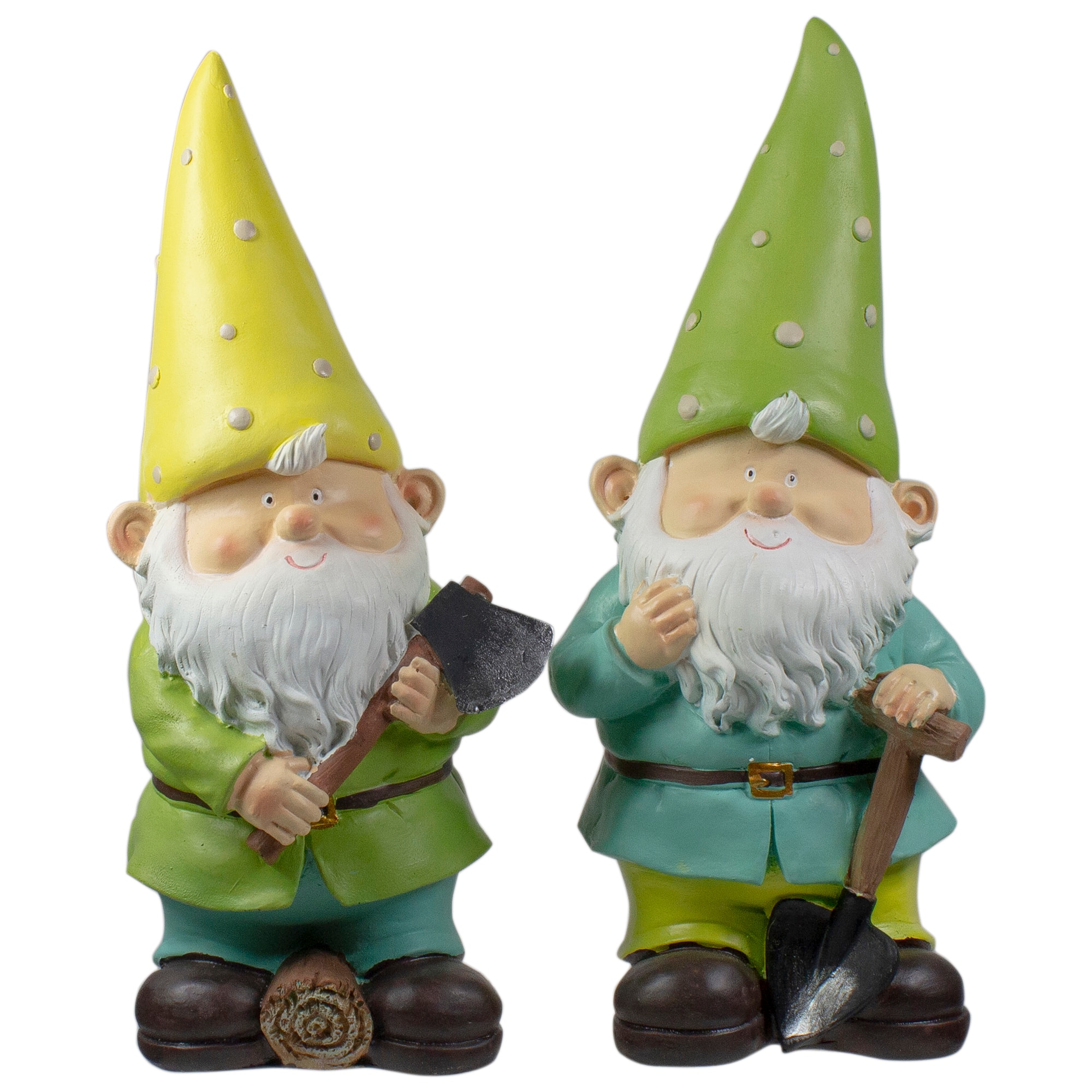12.25&#x22; Green &#x26; Yellow Gnome Outdoor Garden Statue Set