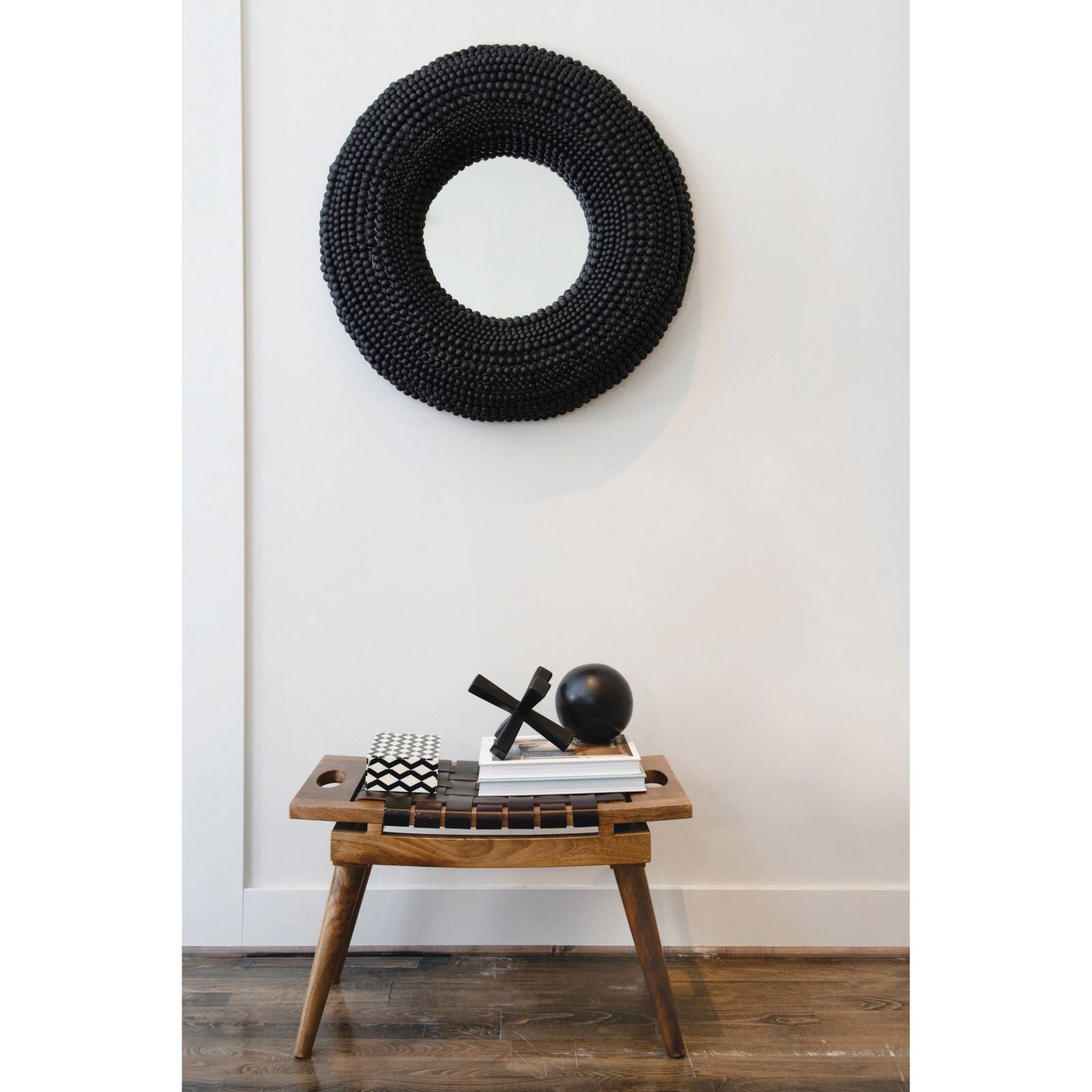 Hello Honey&#xAE; 18&#x22; Black &#x26; Natural Mango Wood &#x26; Woven Leather Stool with Handles