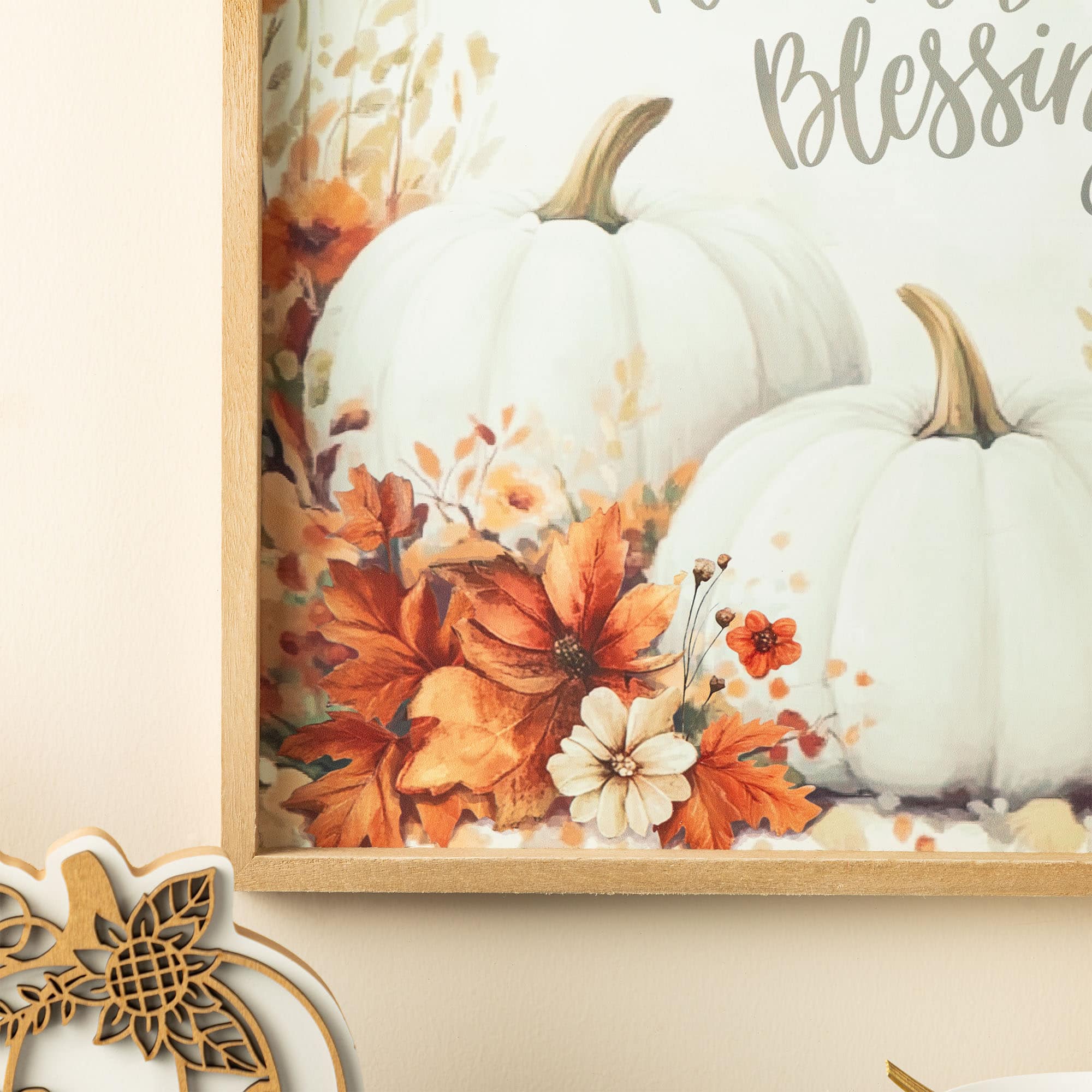 Glitzhome&#xAE; 15.75&#x22; Fall Wooden Ivory Pumpkin Wall Art