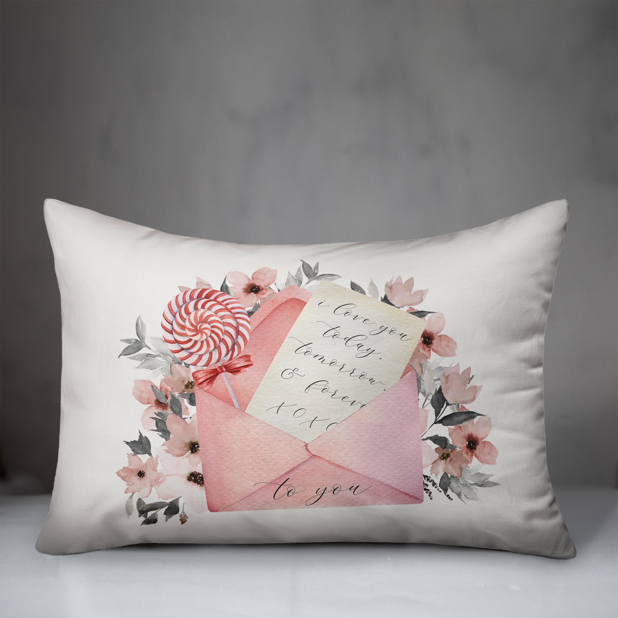 Watercolor Flowers &#x26; Love Letter Rectangle Throw Pillow