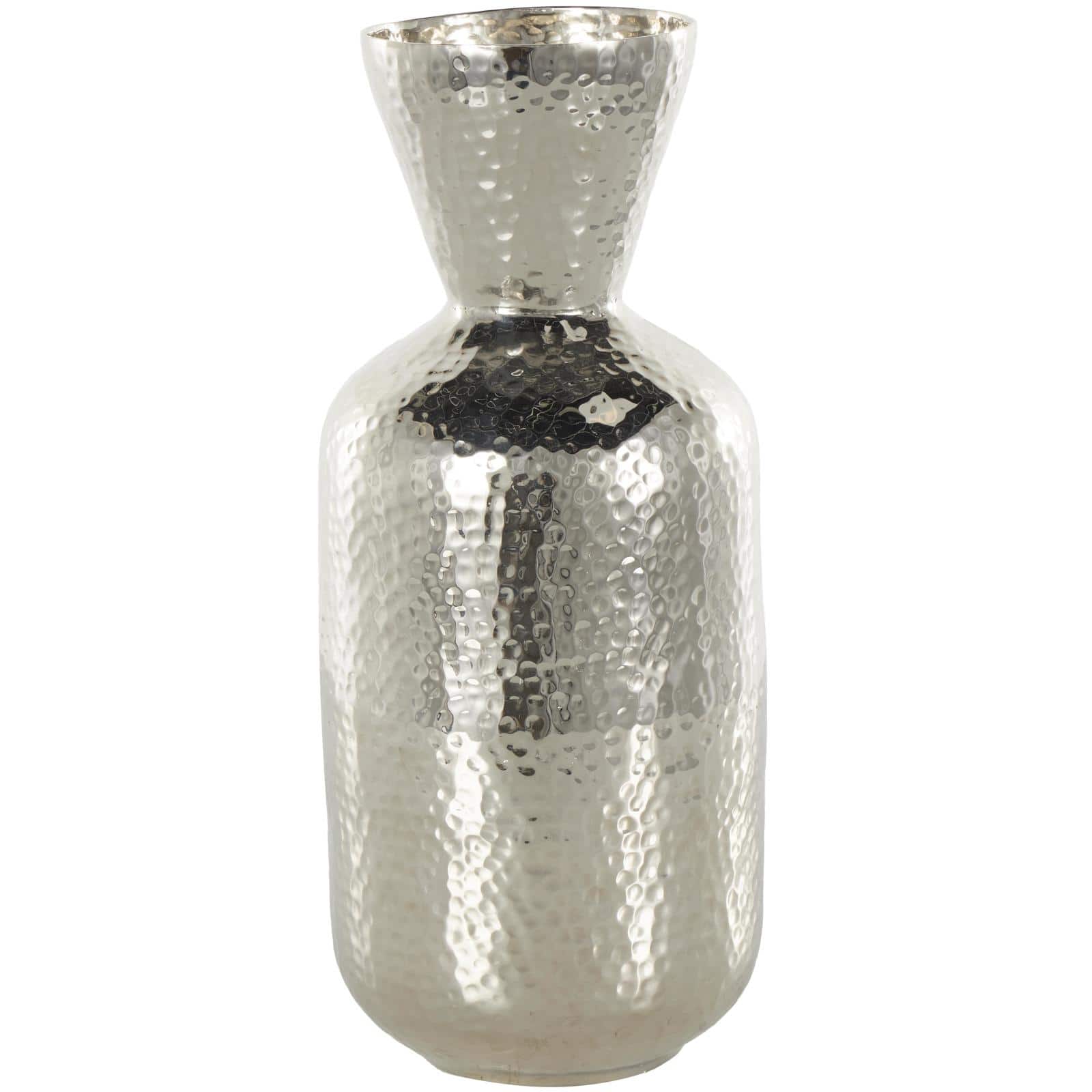 14" Silver Hammered Aluminum Vase with Cone Shaped Opening
