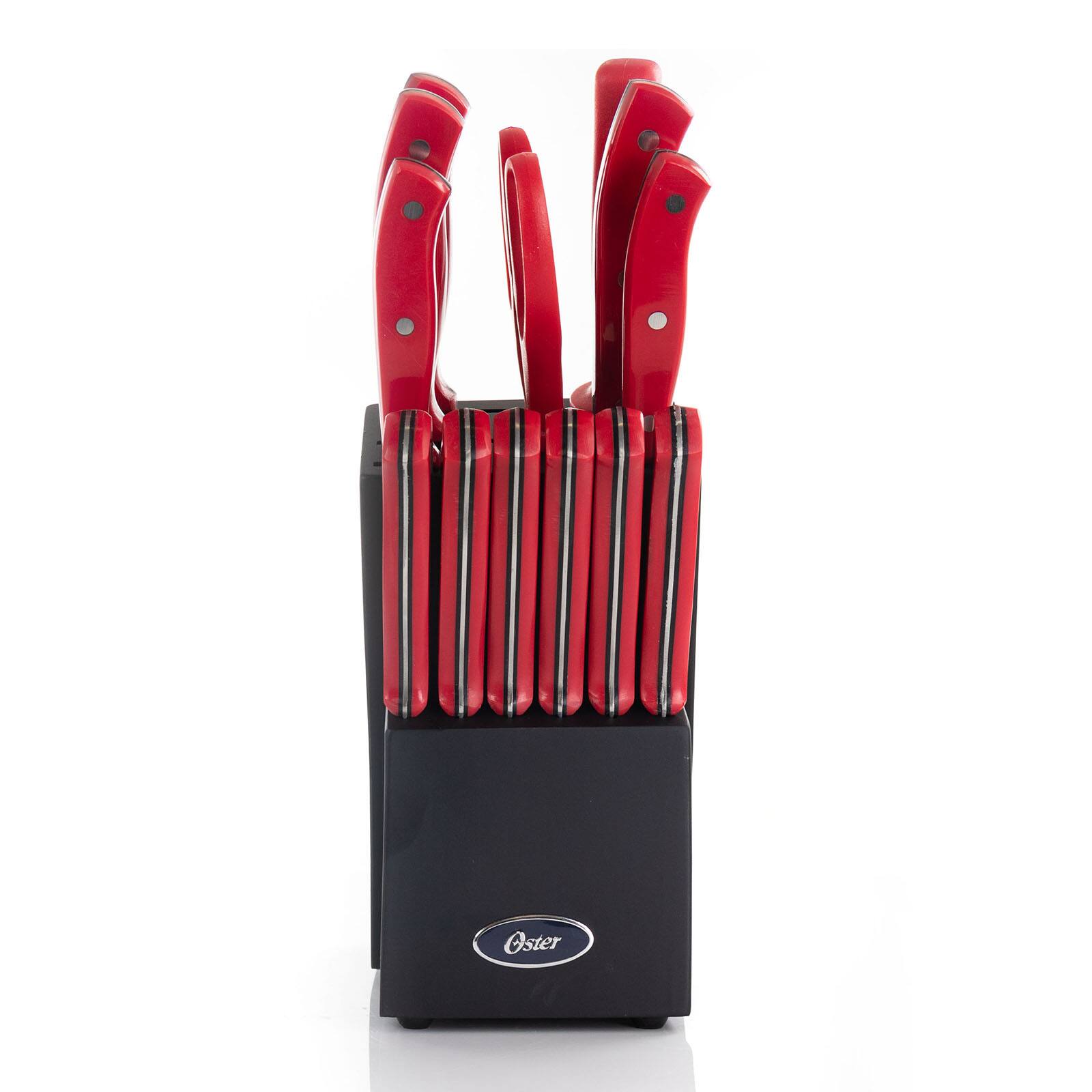 Oster Steffen 14-Piece Red Stainless Steel Cutlery Set with Hardwood Storage Block