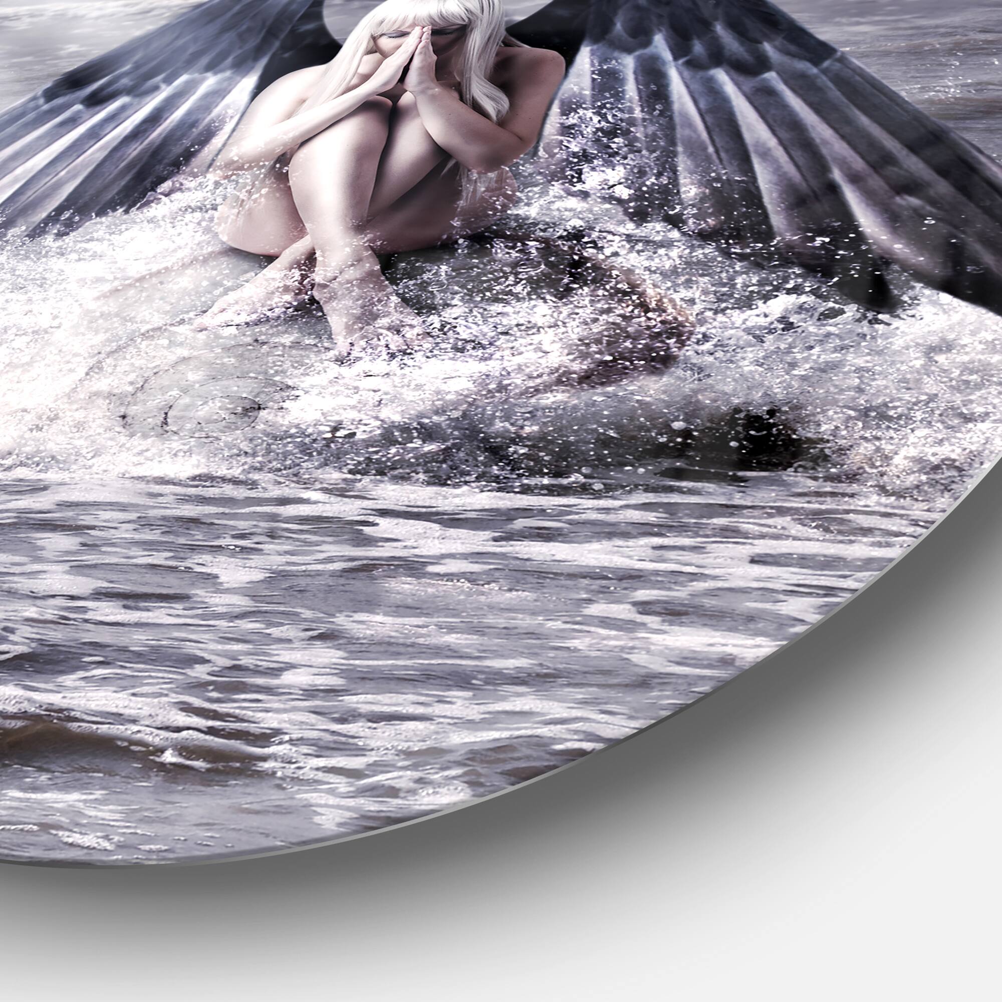 Designart - Woman with Dark Angel Wings' Beach Metal Circle Wall Art