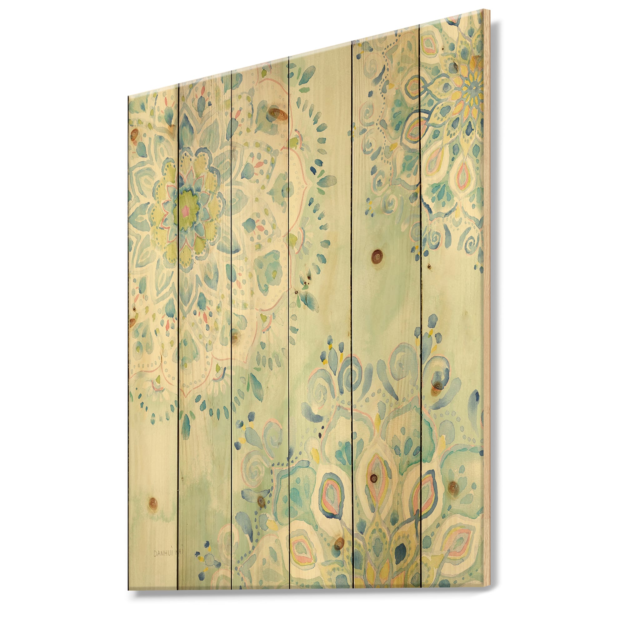 Designart - Watercolor mandalas III - Floral &#x26; Botanical Print on Natural Pine Wood