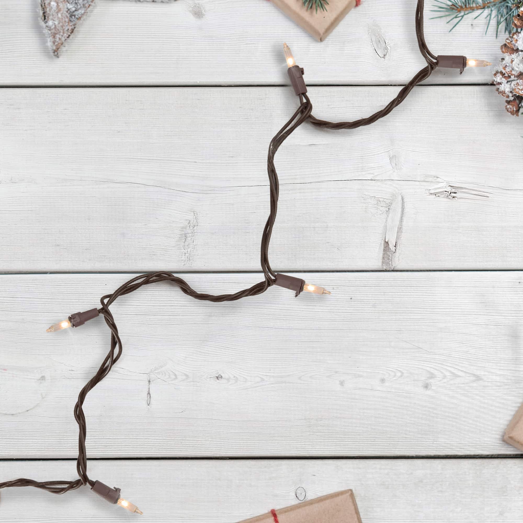100ct. Clear Mini Christmas Light Set With Brown Wire