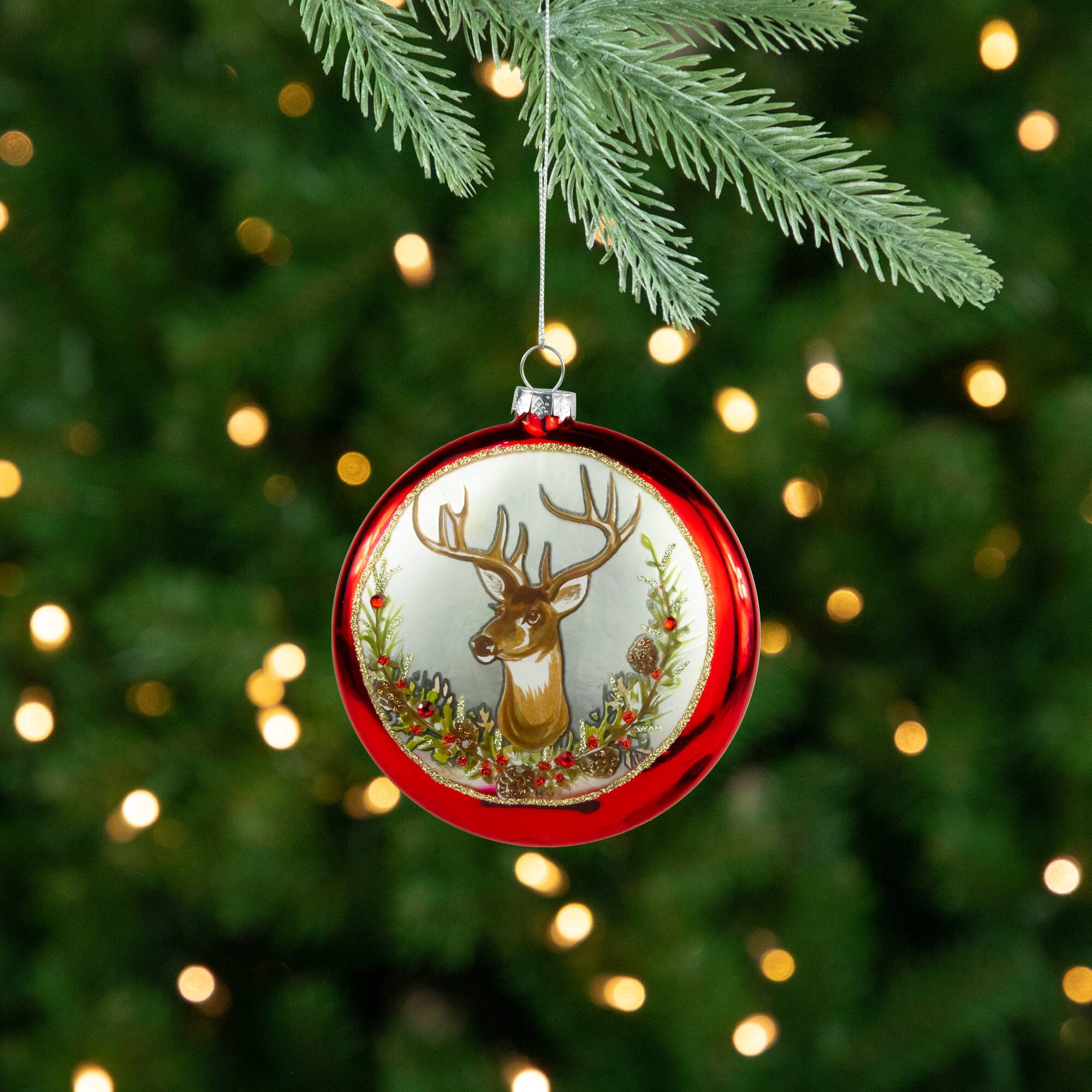Glittered Reindeer Glass Christmas Disc Ornament