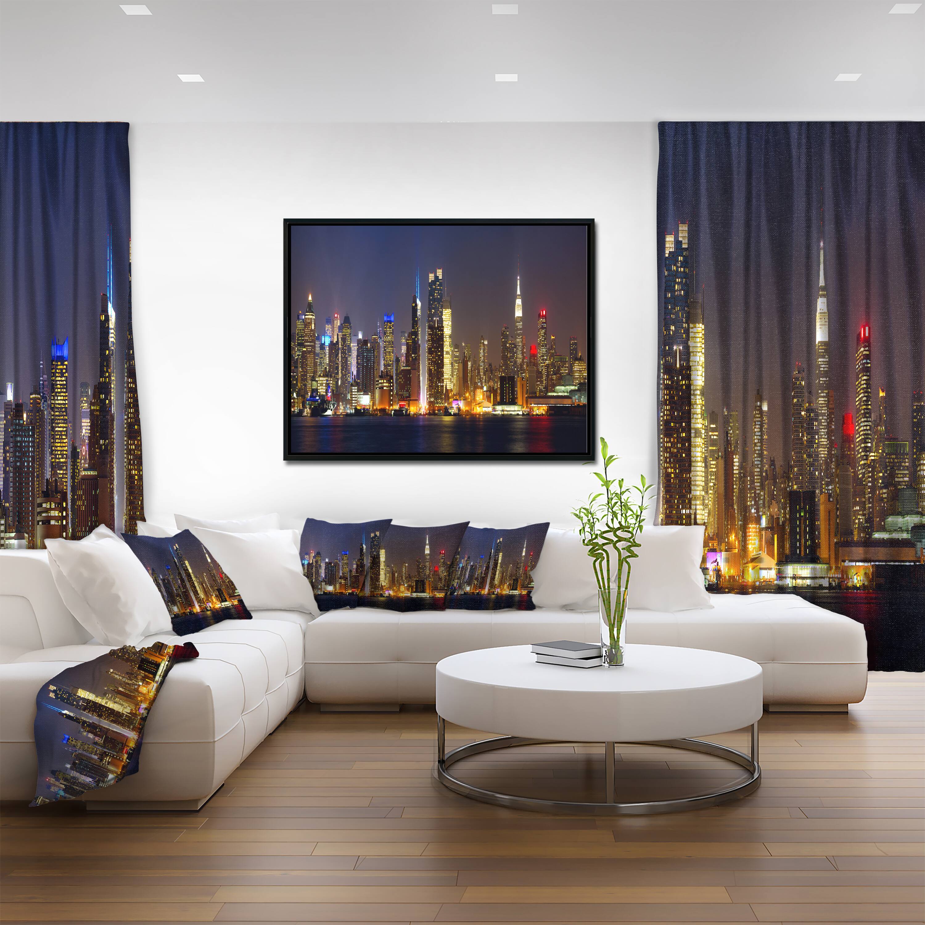 Designart - New York Skyline at Night - Cityscape Photo Framed Canvas Print