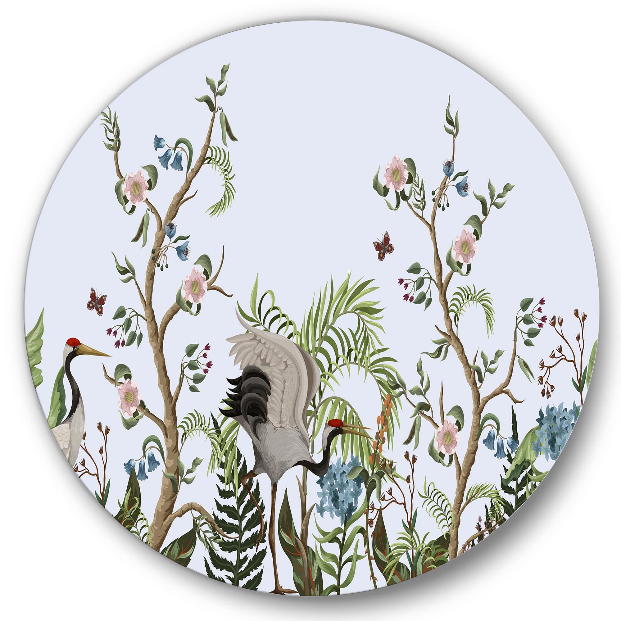 Designart - Border With Cranes &#x26; Peonies In Chinoiserie Style - Traditional Metal Circle Wall Art