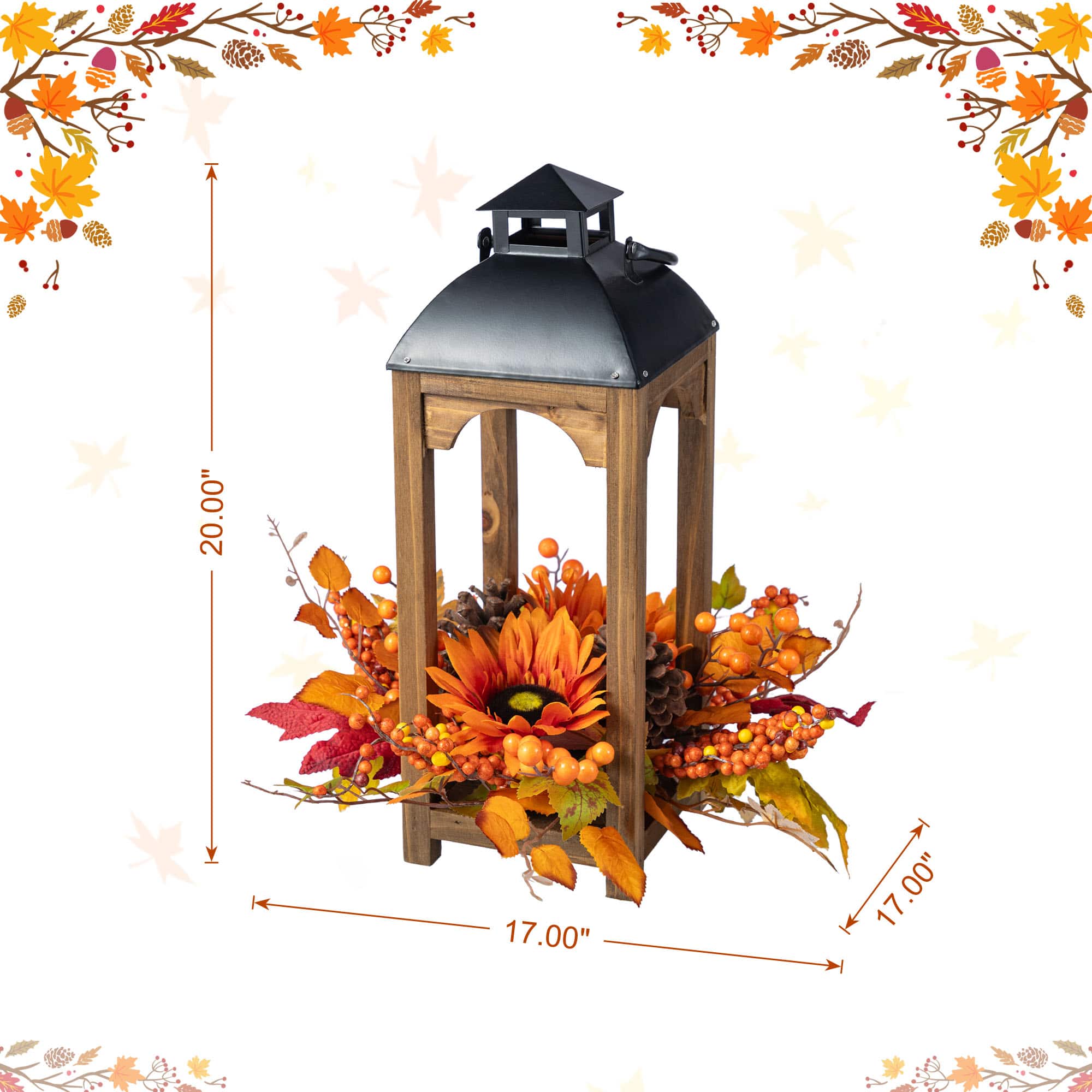 Glitzhome&#xAE; 20&#x22; Fall Sunflower, Pinecone and Berry Wood Lantern Centerpiece