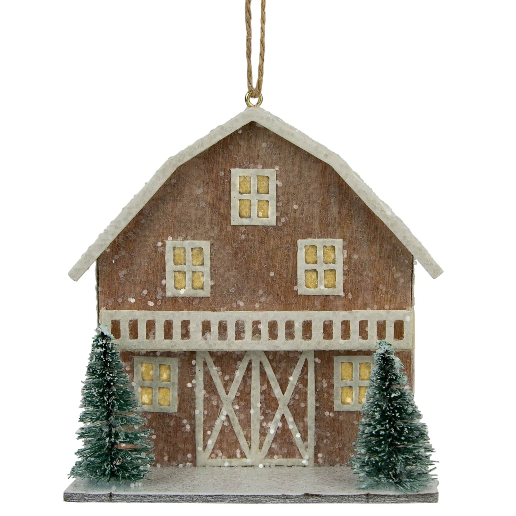 4&#x22; Battery Operated Lighted Rustic House with Trees Christmas Ornament