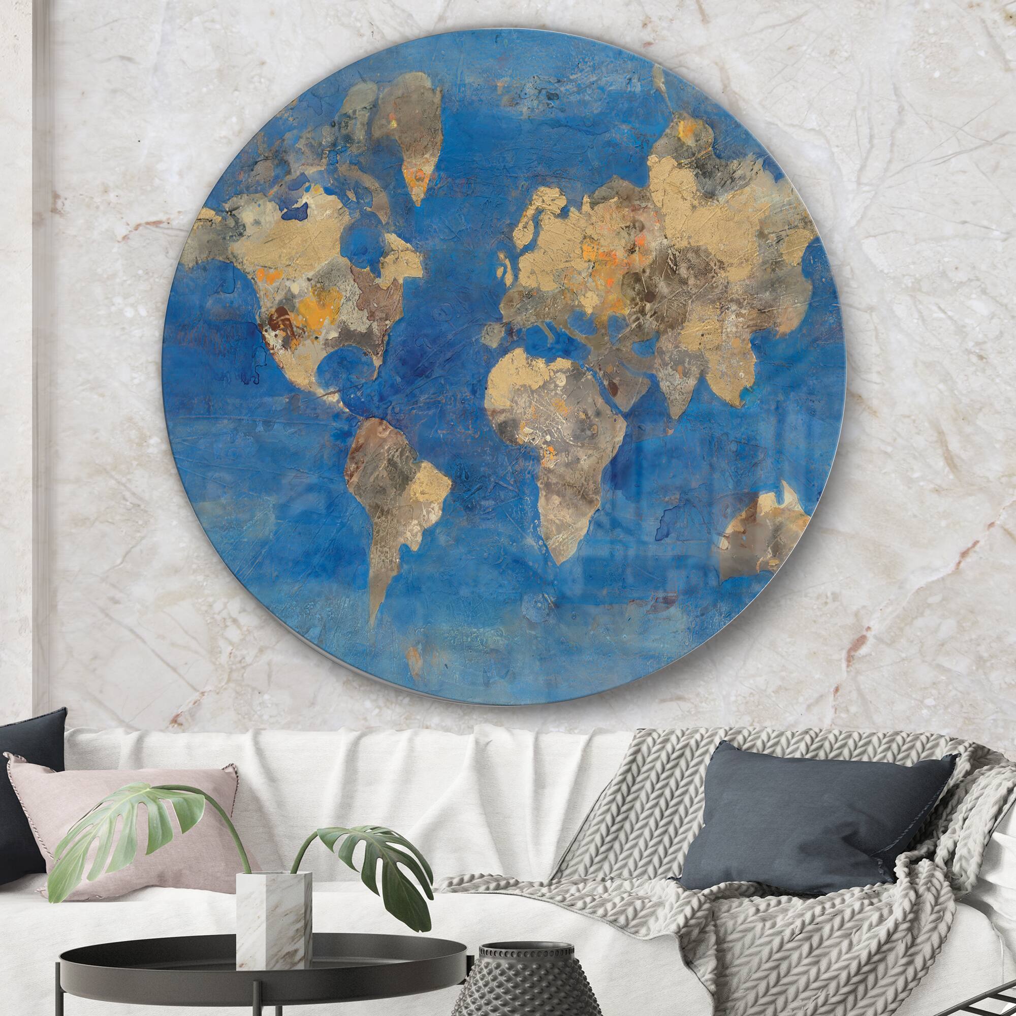 Designart - Golden Blue World Map - Traditional Metal Circle Wall Art