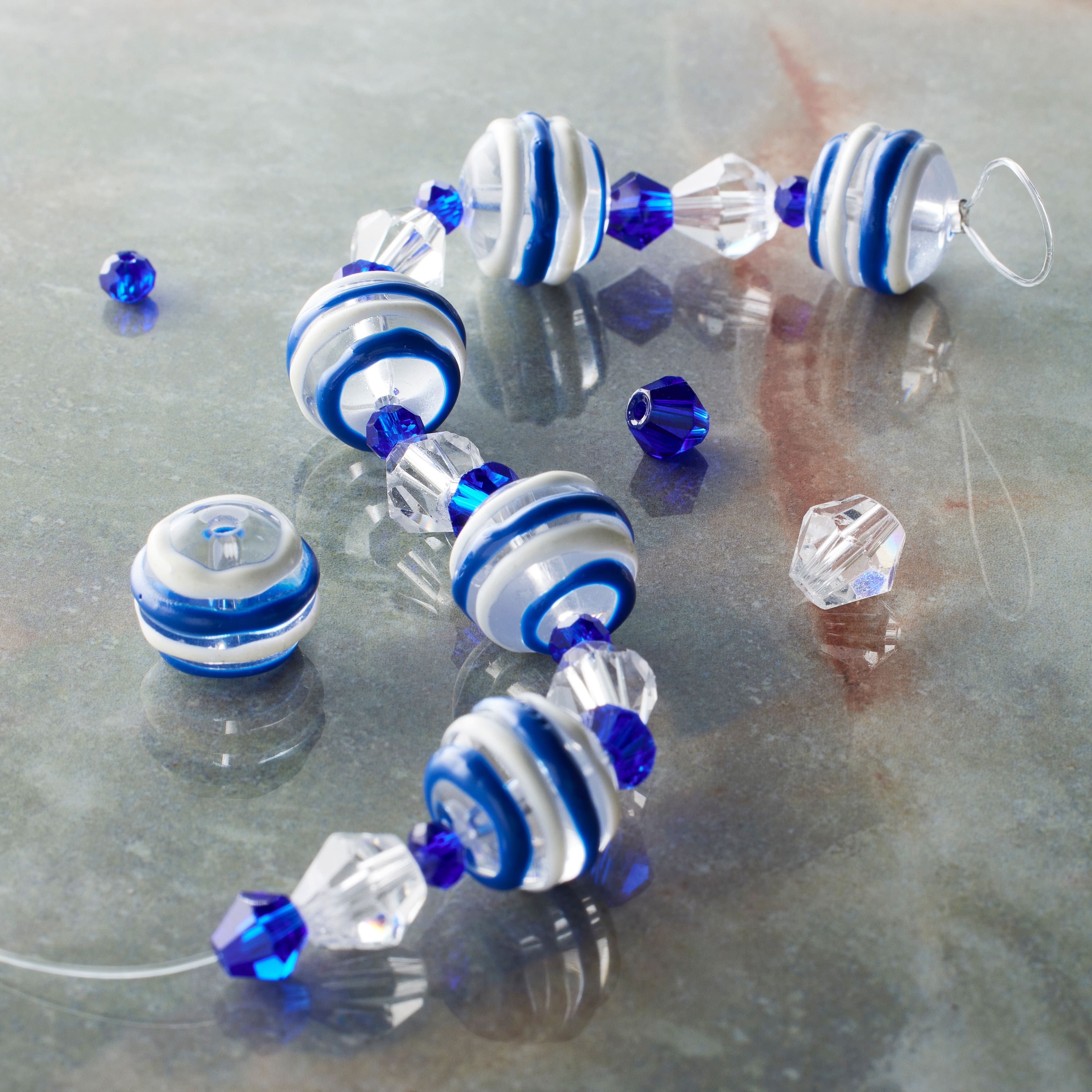 12 Pack: Blue &#x26; White Stripe Lampwork Glass Round Bead Mix by Bead Landing&#x2122;