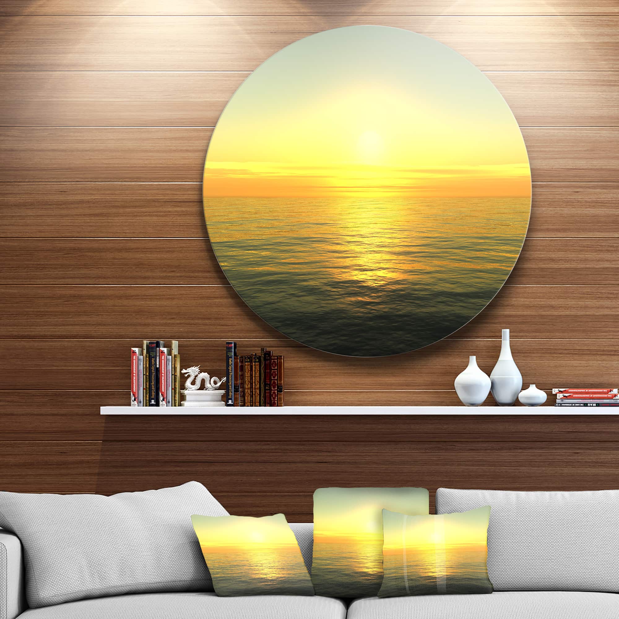 Designart - Brilliant Yellow Sunrise over Waters' Beach Photo Metal Circle Wall Art