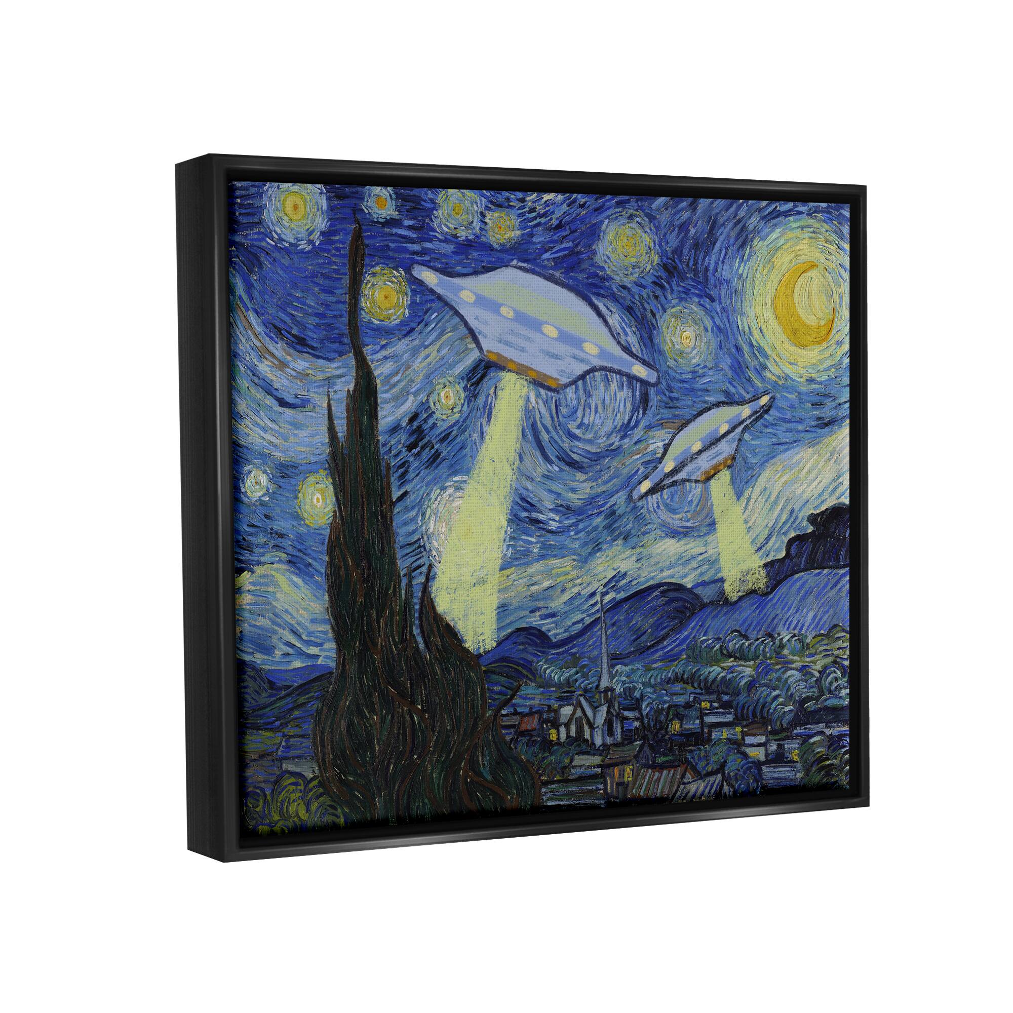 Stupell Industries Starry Night Classic Alien UFOs Framed Floater Canvas Wall Art