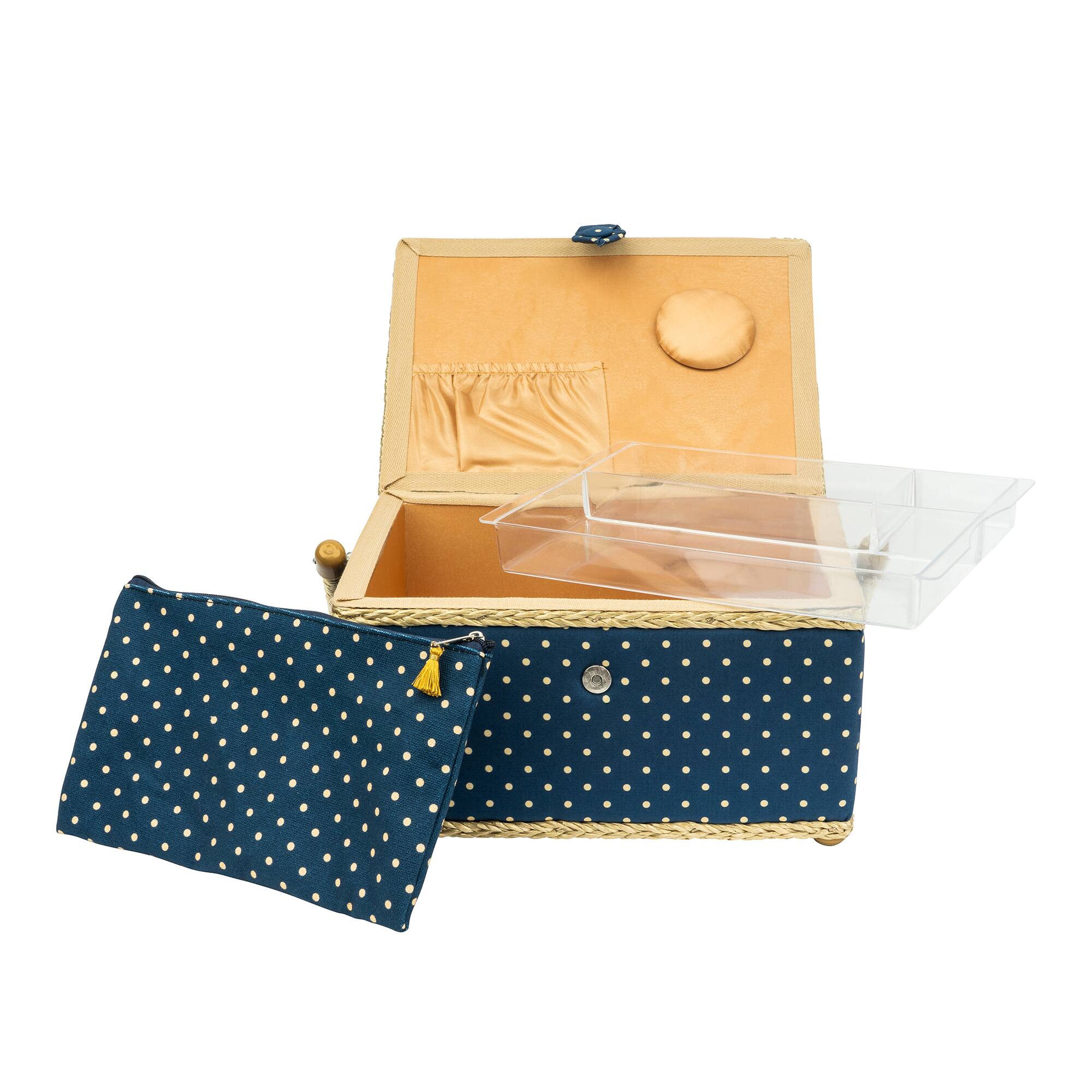 SINGER&#xAE; Large Blue Polka Dot Print Sewing Basket with Matching Zipper Pouch