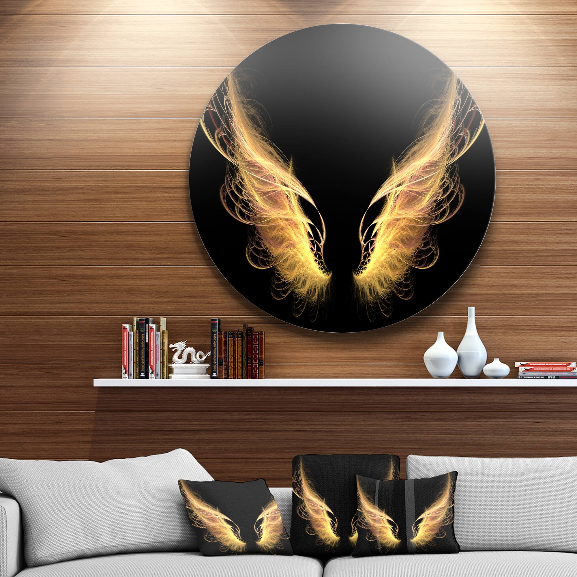 Designart - Golden Angel Wings on Black&#x27; Disc Oversized Abstract Metal Art
