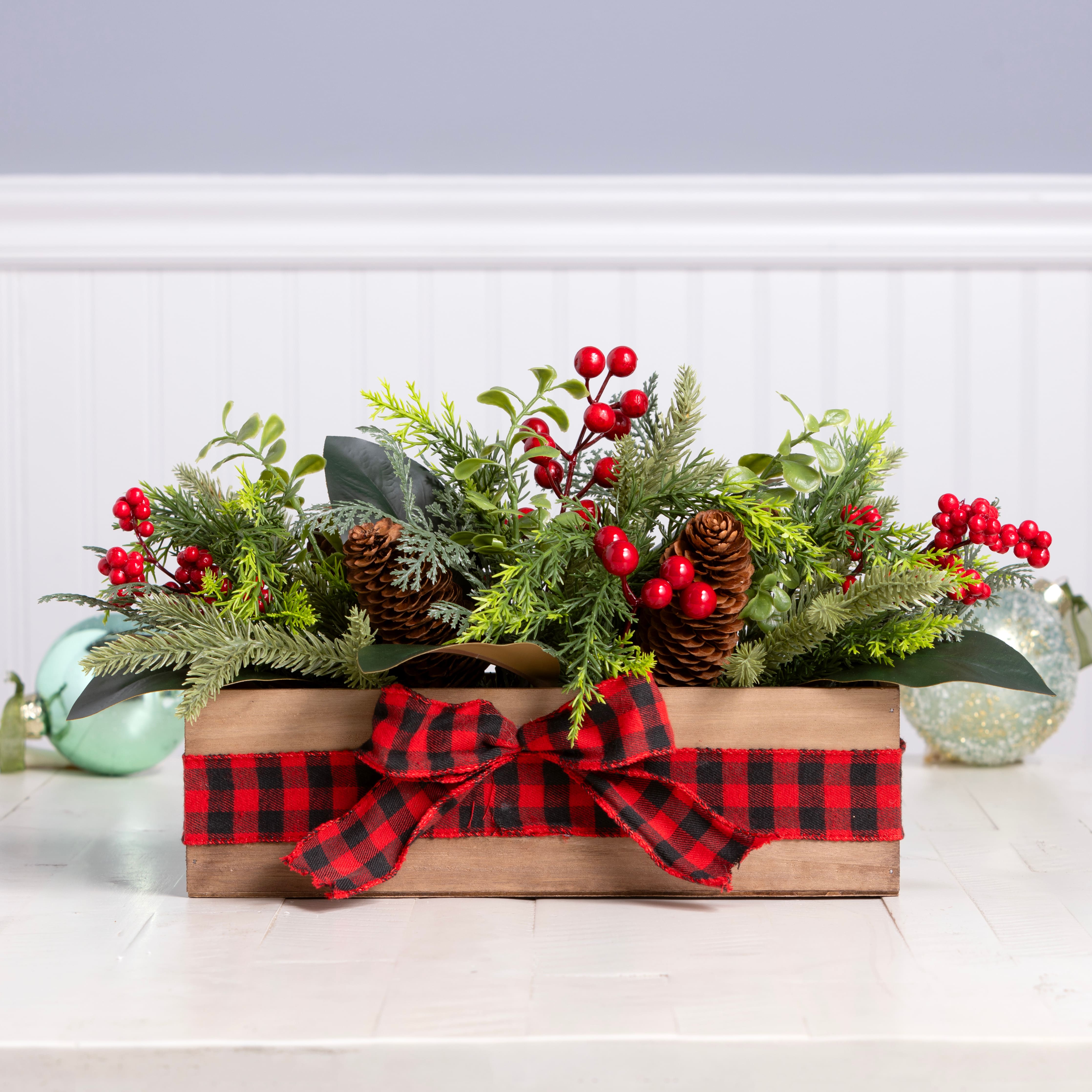 17&#x22; Christmas Classic Cypress, Pinecone &#x26; Berry Centerpiece in Wood Planter with Red Buffalo Check Bow