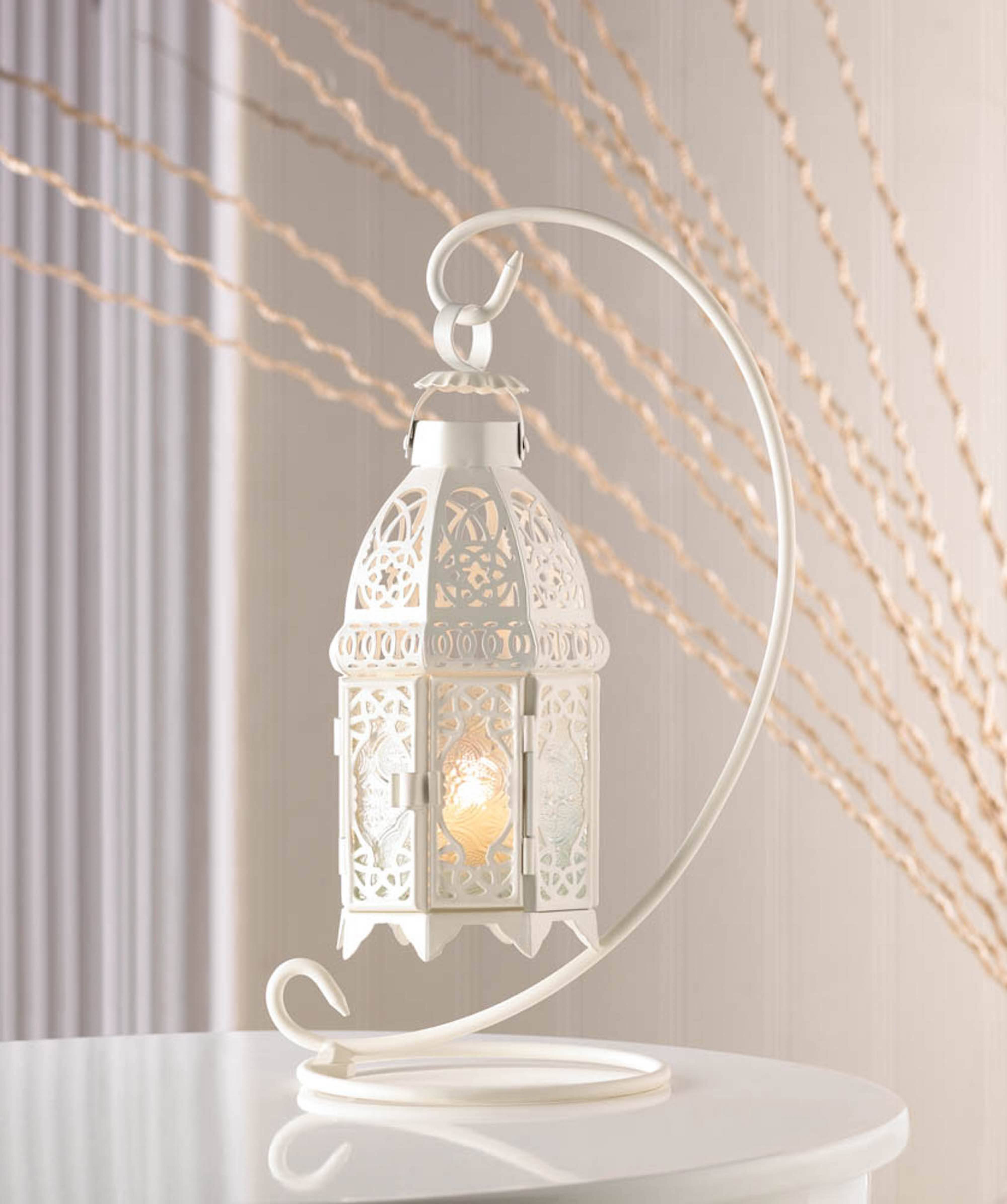 13" White Ornate Candle Lantern with Stand