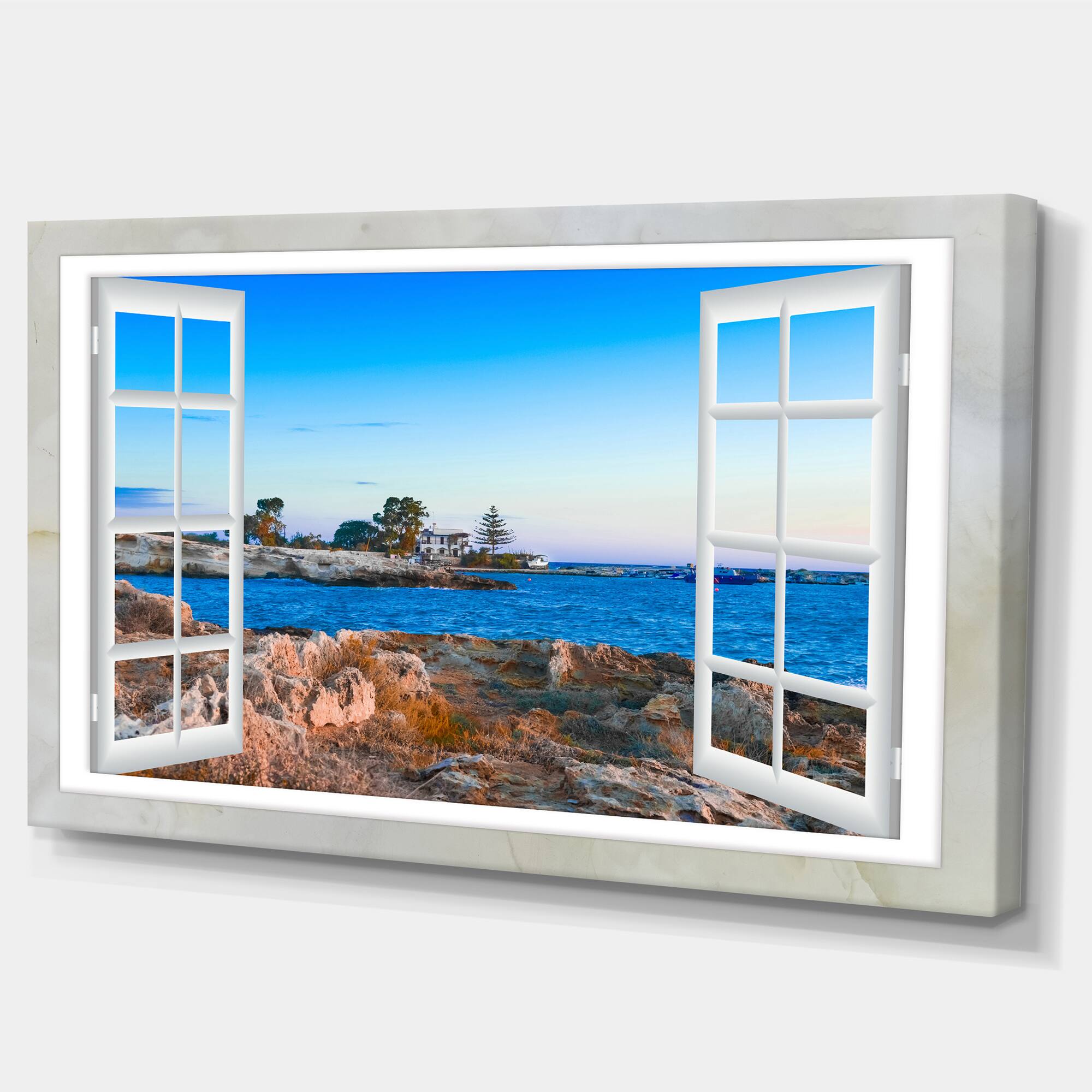 Designart - Open Window to Blue Seashore - Oversized Landscape Wall Art Print