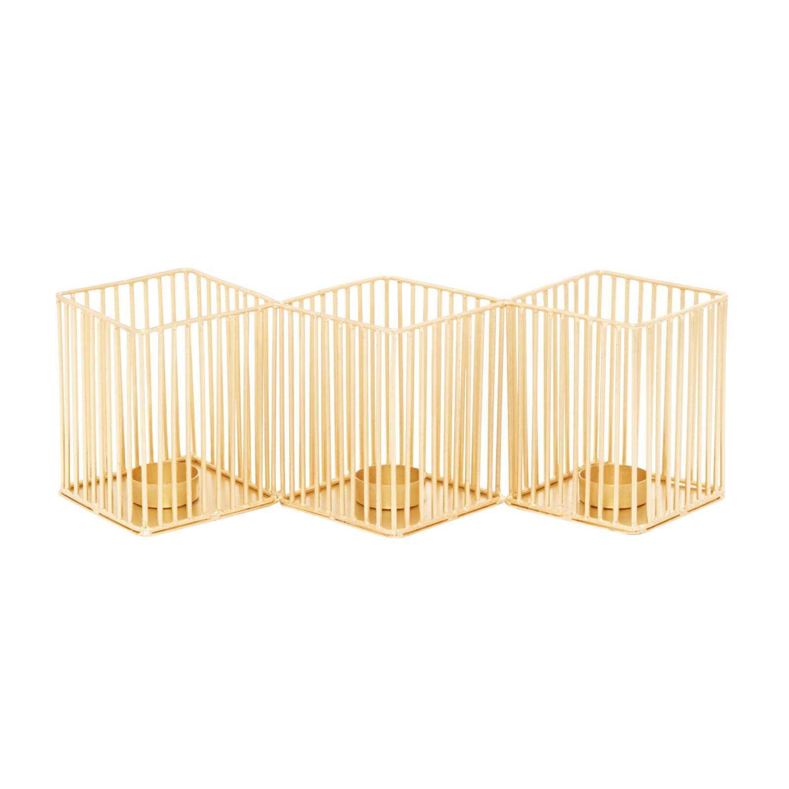Set of 3 Gold Metal Modern Candle Holder, 4.25&#x22;, 11&#x22;, 16.25&#x22;
