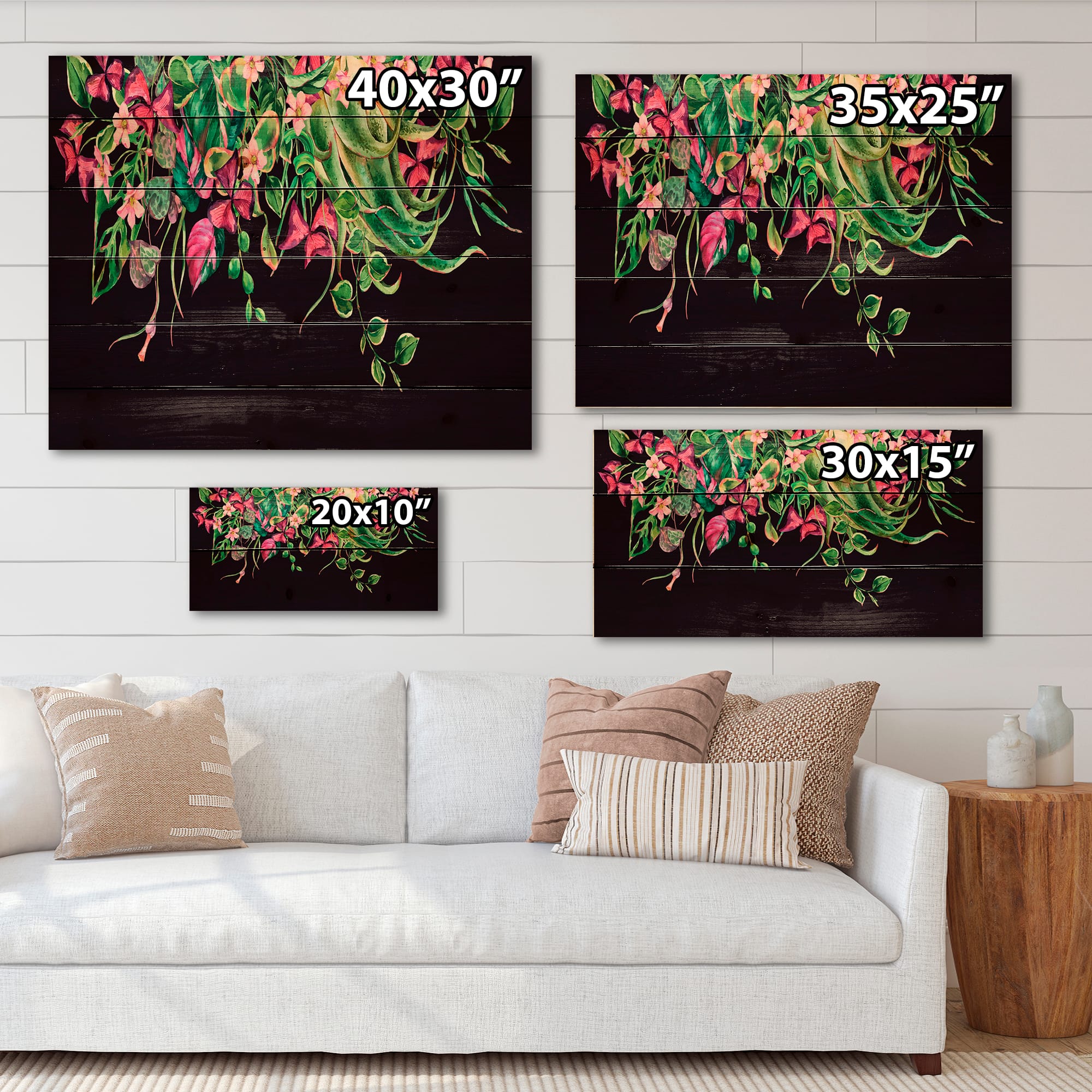 Designart - Floral Tropical Leaves Om Black - Farmhouse Print on Natural Pine Wood