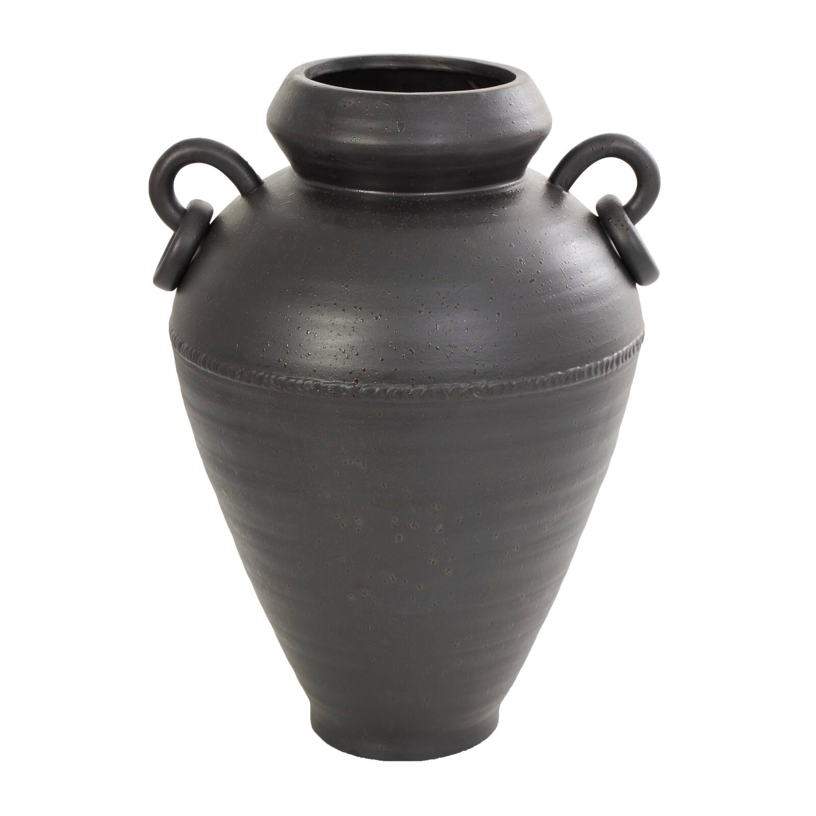 15" Black Ceramic Amphora Vase with Speckled Texture & Ring Handles