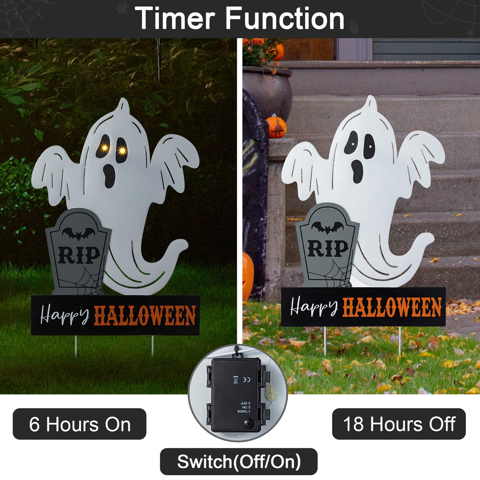 Glitzhome&#xAE; 32.25&#x22;H Lighted Halloween Metal Ghost Tombstone Yard Stake with Timer