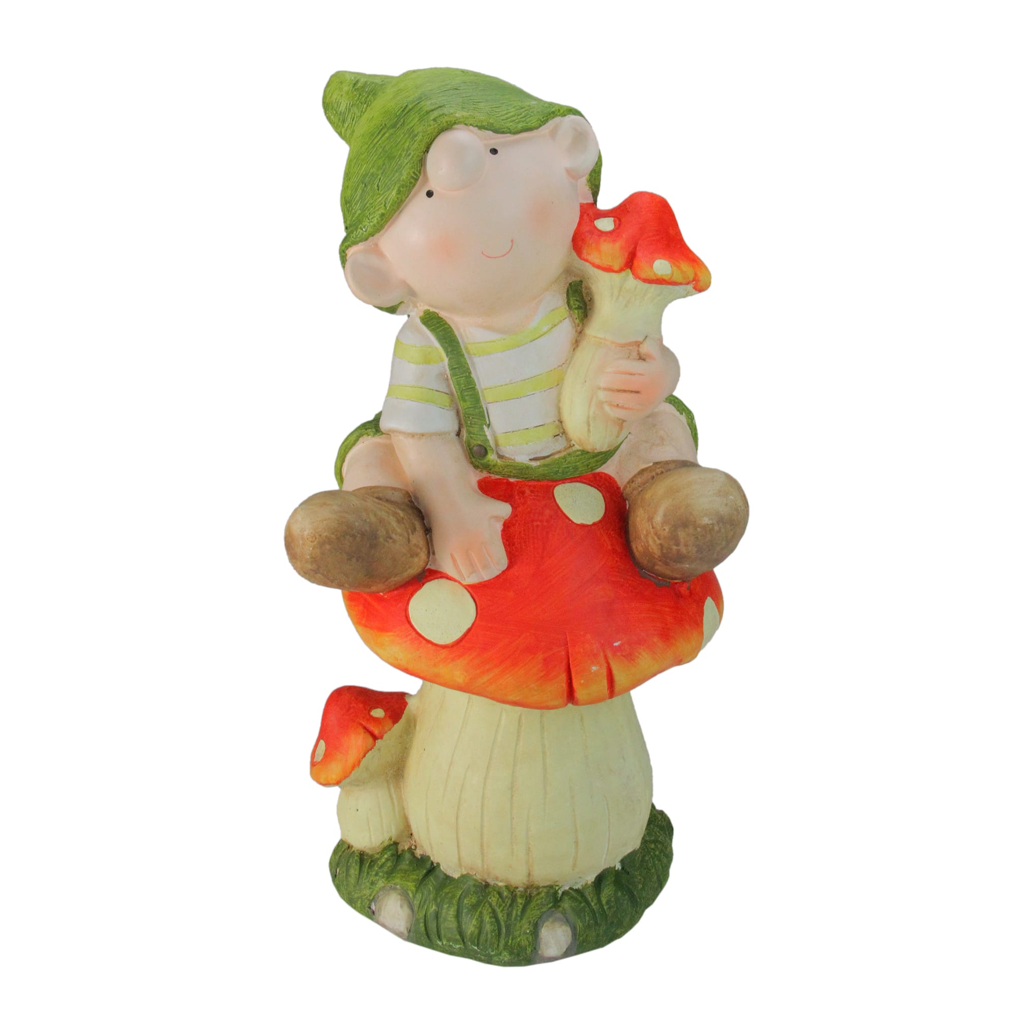 19.75" Young Boy Gnome Sitting on a Mushroom Spring Outdoor Garden Figure