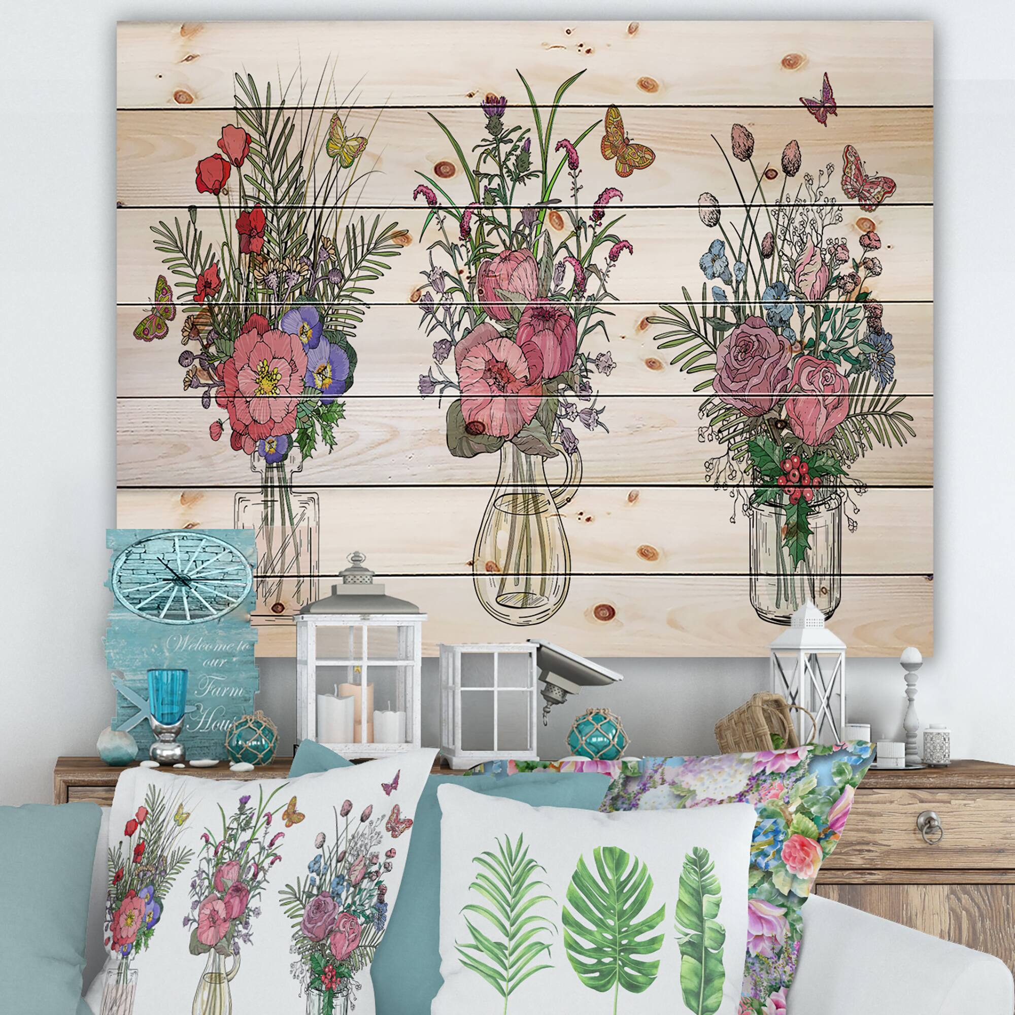 Designart - Bouquets Of Wildflowers In Transparent Vases II - Farmhouse Print on Natural Pine Wood