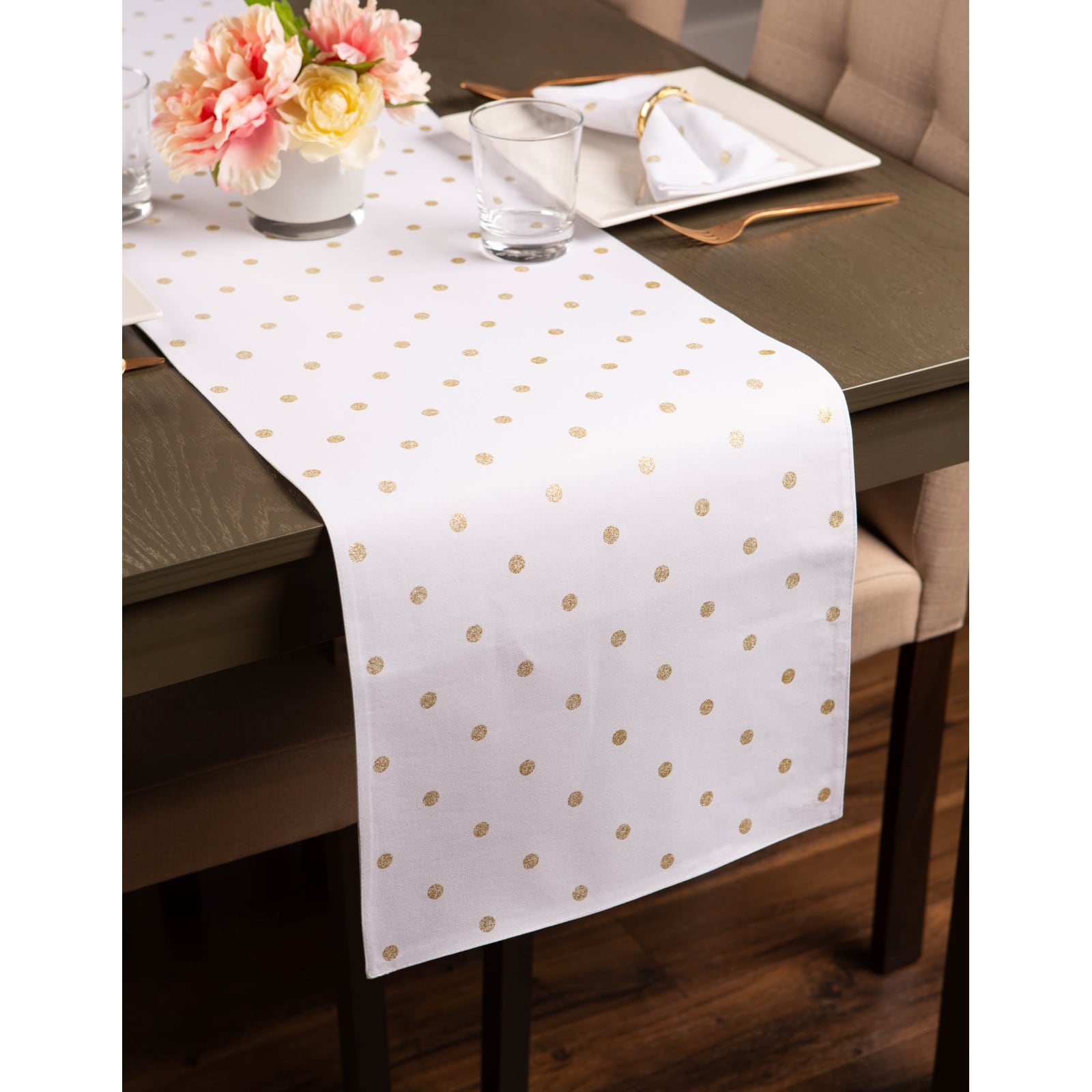 Metallic White/Gold Reversible Polka Dot Table Runner 13" x 72"