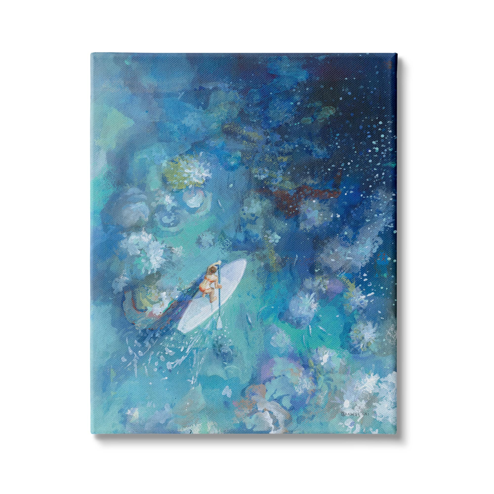 Stupell Industries Paddle Board Ocean Reef Tropical Scene Female Surfer Canvas Wall Art