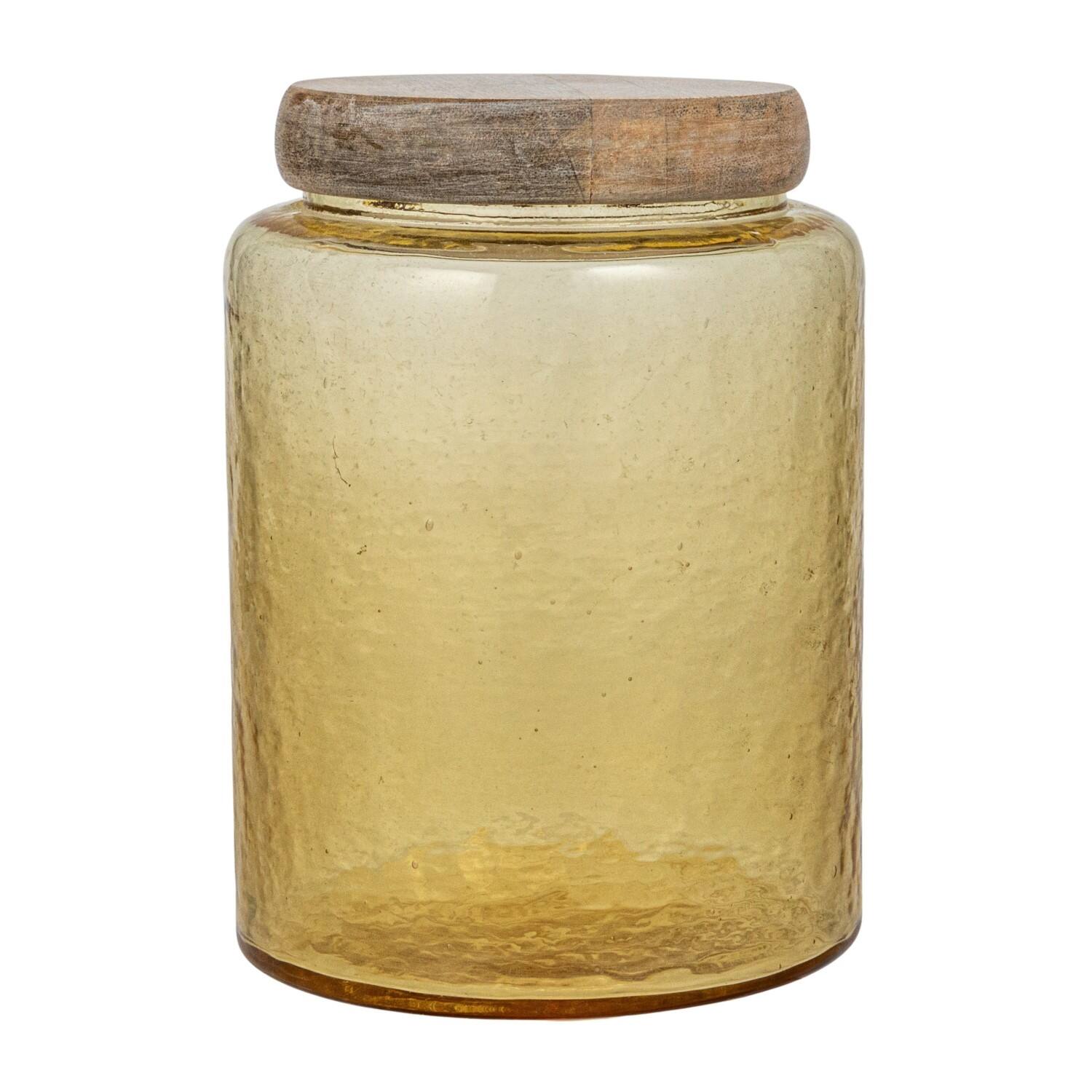Hello Honey® Yellow & Whitewash Hammered Glass Jar with Mango Wood Lid