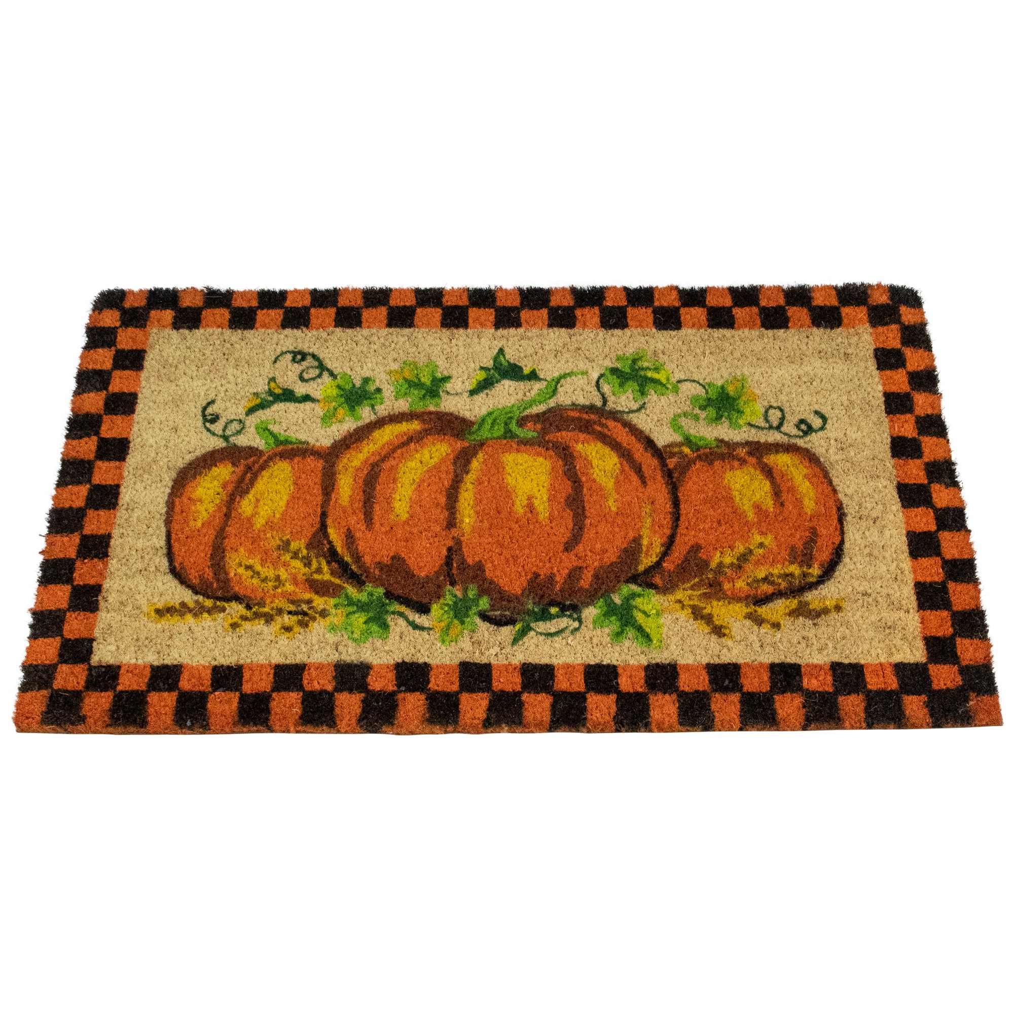 Orange &#x26; Black Checkered Fall Harvest Pumpkin Doormat