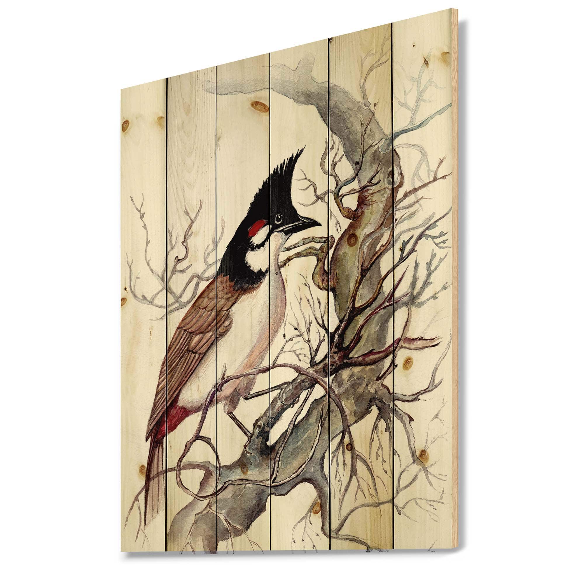 Designart - Vintage Beautiful Bird On A Branch - Traditional Print on Natural Pine Wood