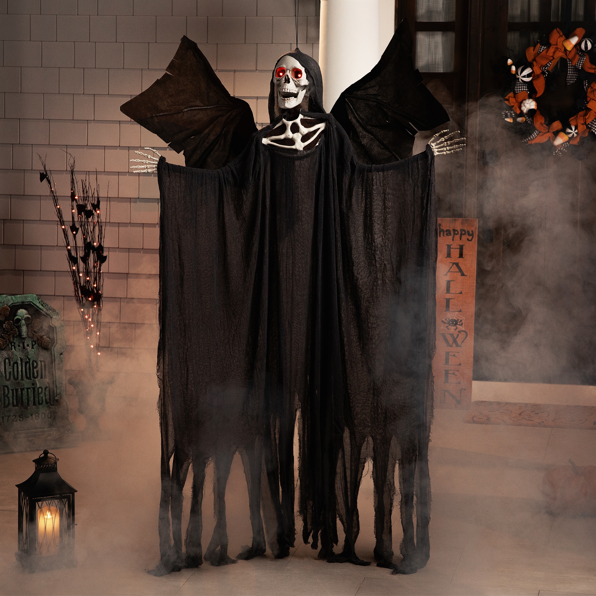 66" Pre-Lit Black & Red Sonic Skeletal Reaper with Wings Halloween Décor