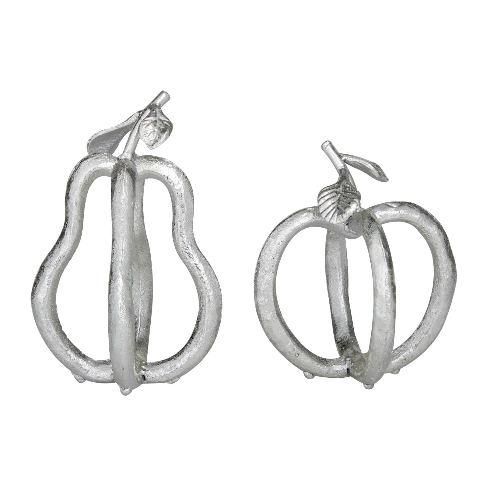 Set of 2 Silver Metal Eclectic Fruit Sculpture 8&#x22;, 7&#x22;