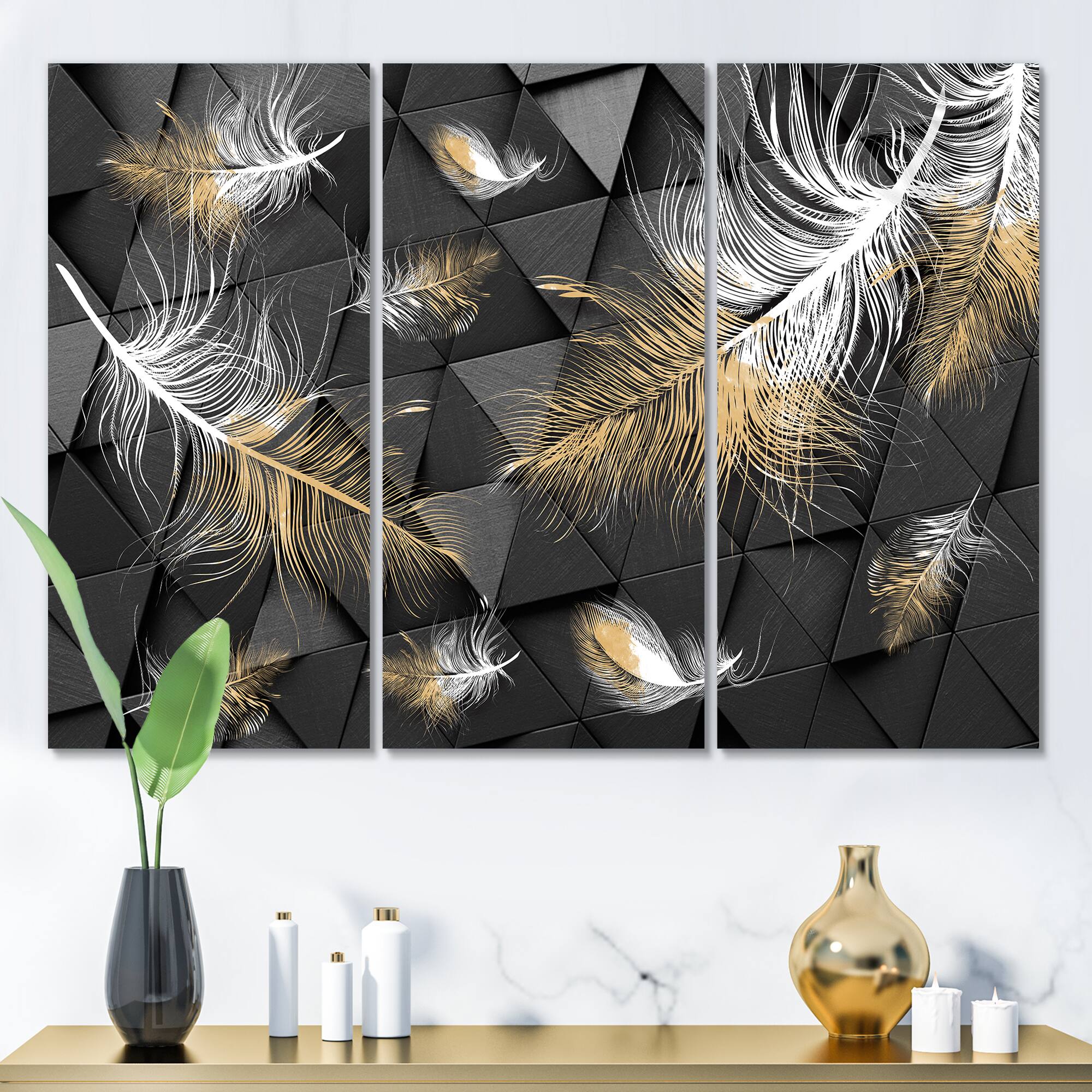 Designart - White and Gold Feathers On Triangular - Modern Canvas Wall Art Print