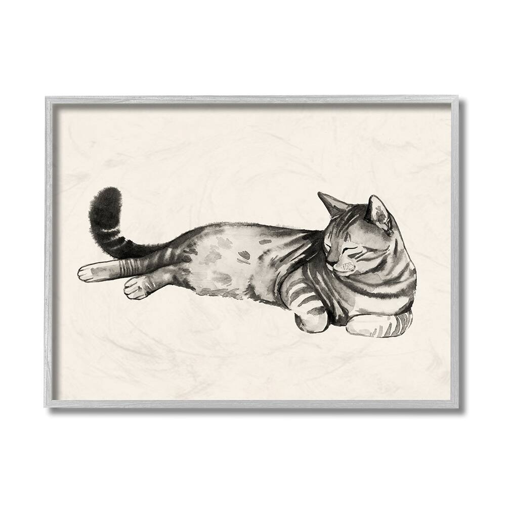 Stupell Industries Sleeping Striped Cat Minimal Relaxed Pet in Gray Frame Wall Art