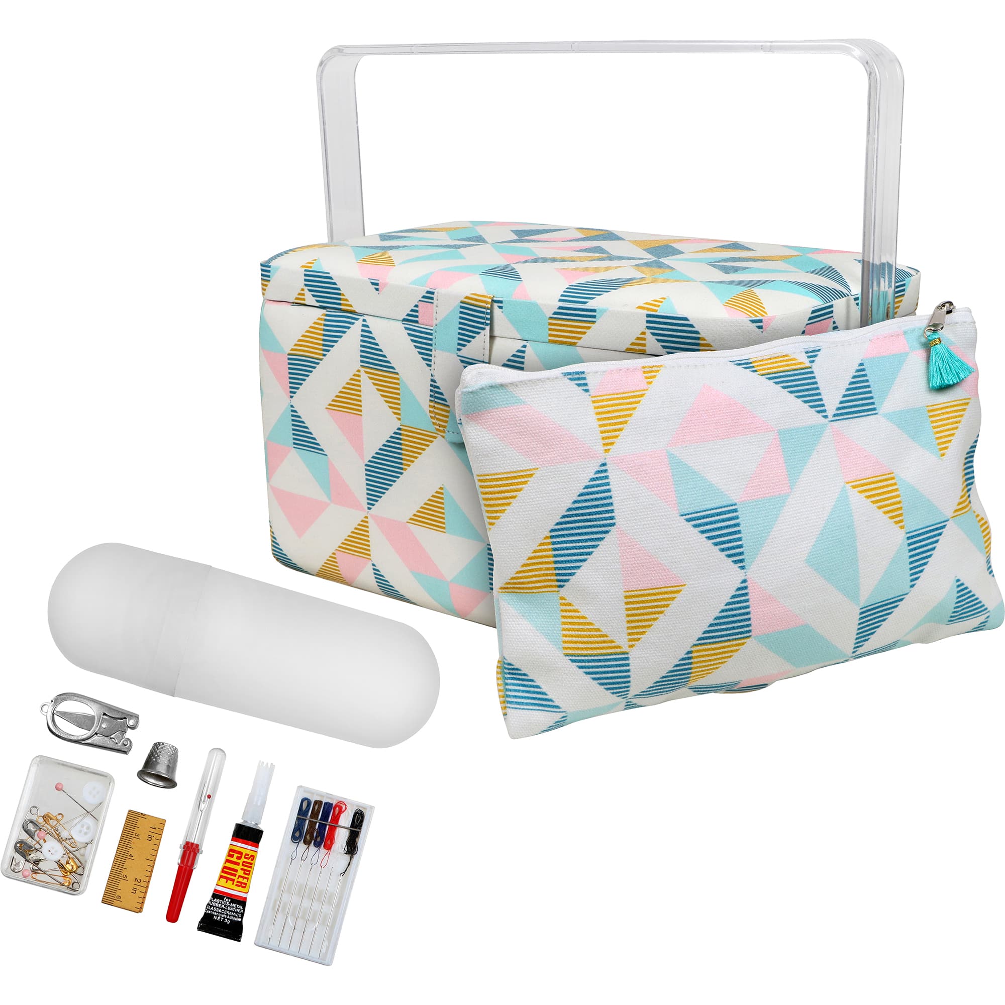SINGER® Large Abstract Geo Print Sewing Basket with Matching Pouch Sew Kit