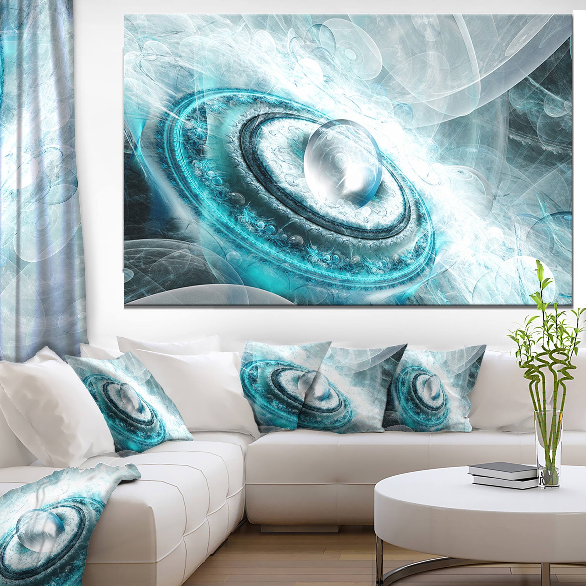 Designart - Blue Fractal Flying Saucer - Large Floral Canvas Art Print