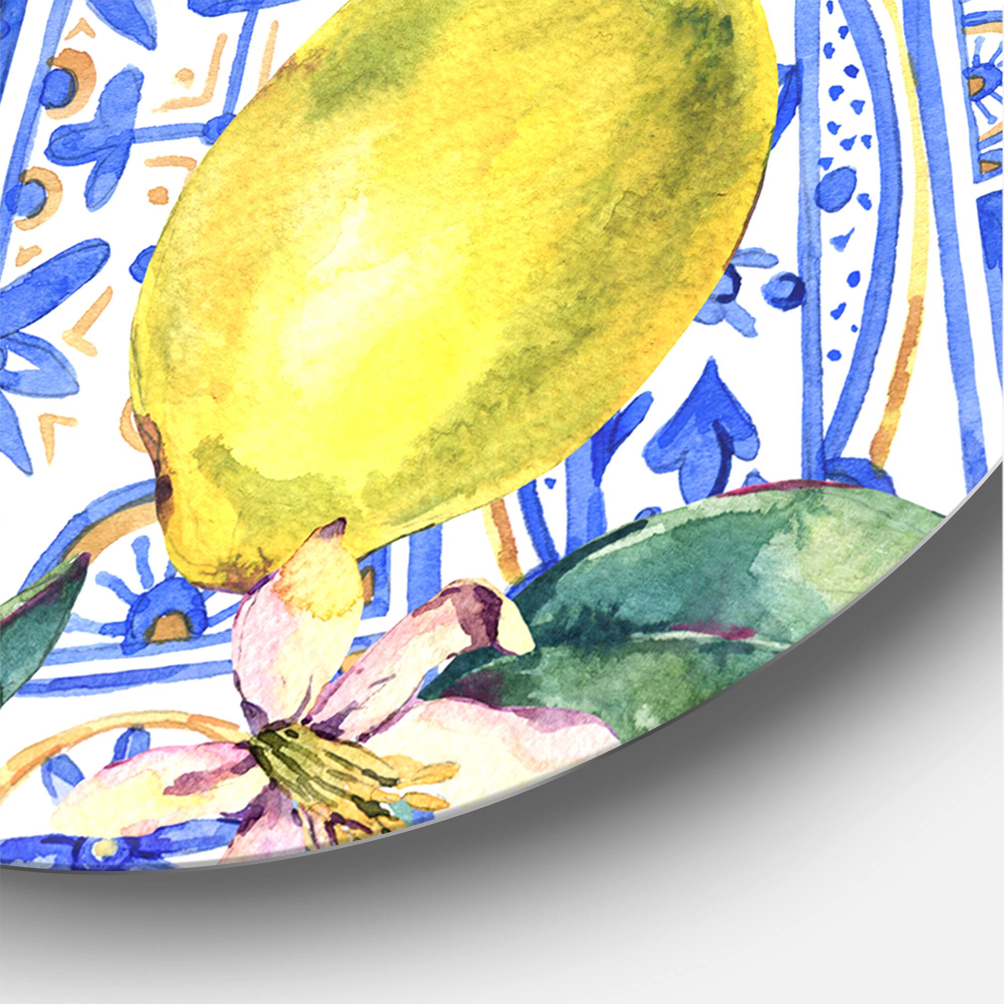 Designart - Lemon Ornament On Blue Geometrical Pattern I - Tropical Metal Circle Wall Art