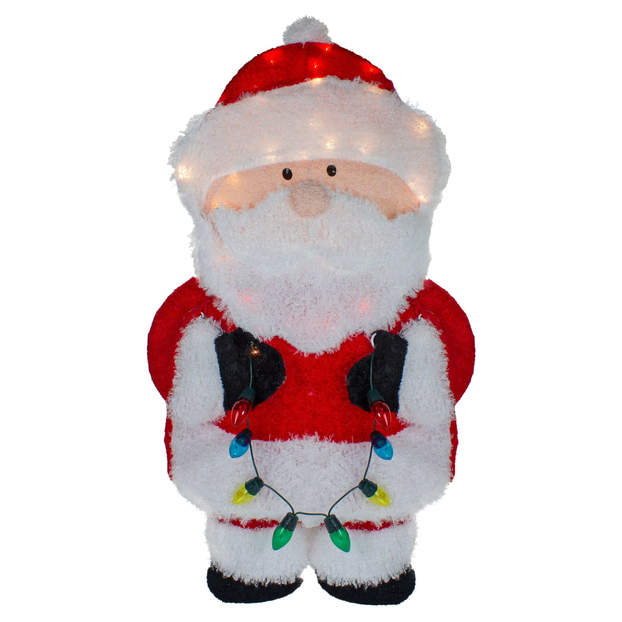 32" Lighted Chenille Santa with Lights Outdoor Christmas Décor