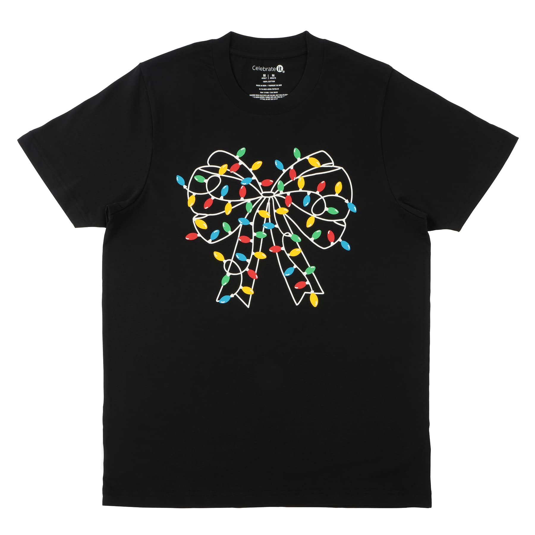 Black Christmas Light Bow Adult Crew Neck T-Shirt by Celebrate It™