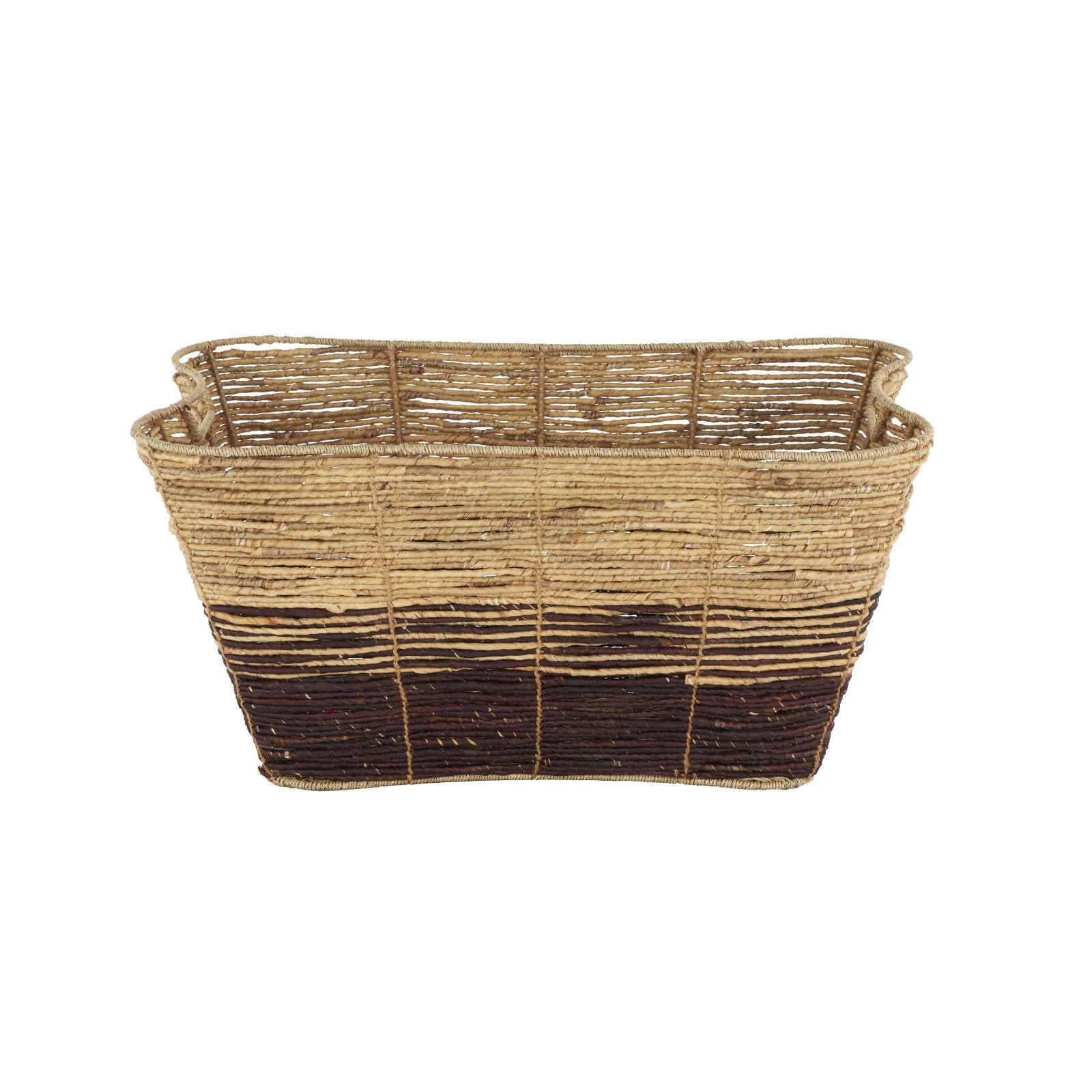 30" Brown Seagrass Handmade Oversized Color Block Storage Basket with Slot Handles