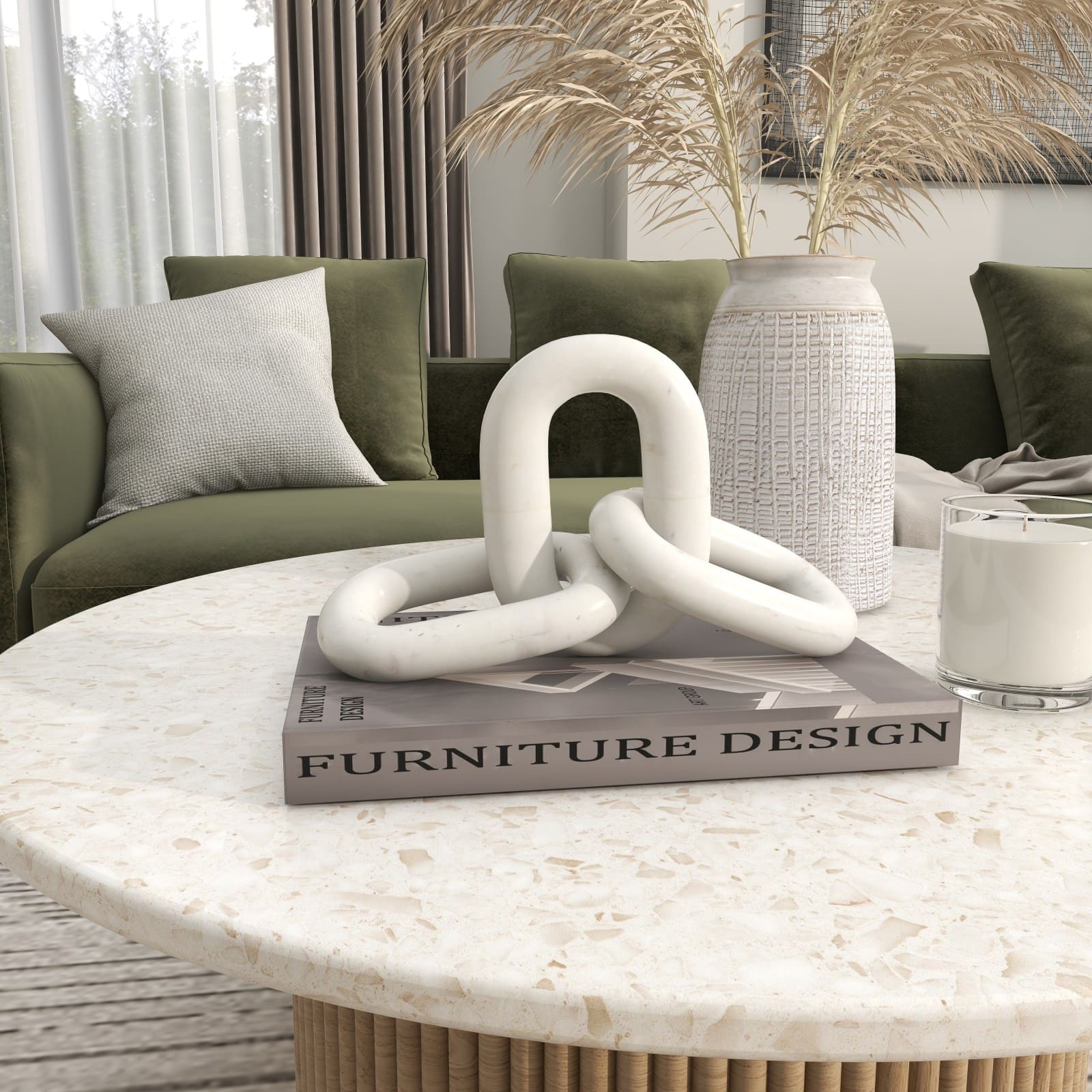 13" White Marble Geometric 3-Link Chain Sculpture Décor